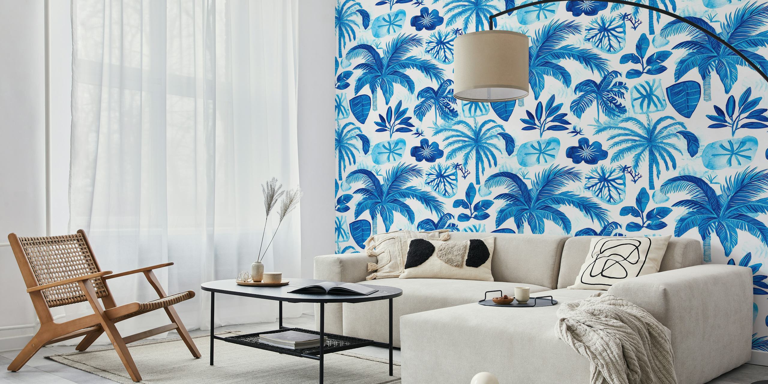 Palm leaves and tropical foliage in shades of blue wallpaper
