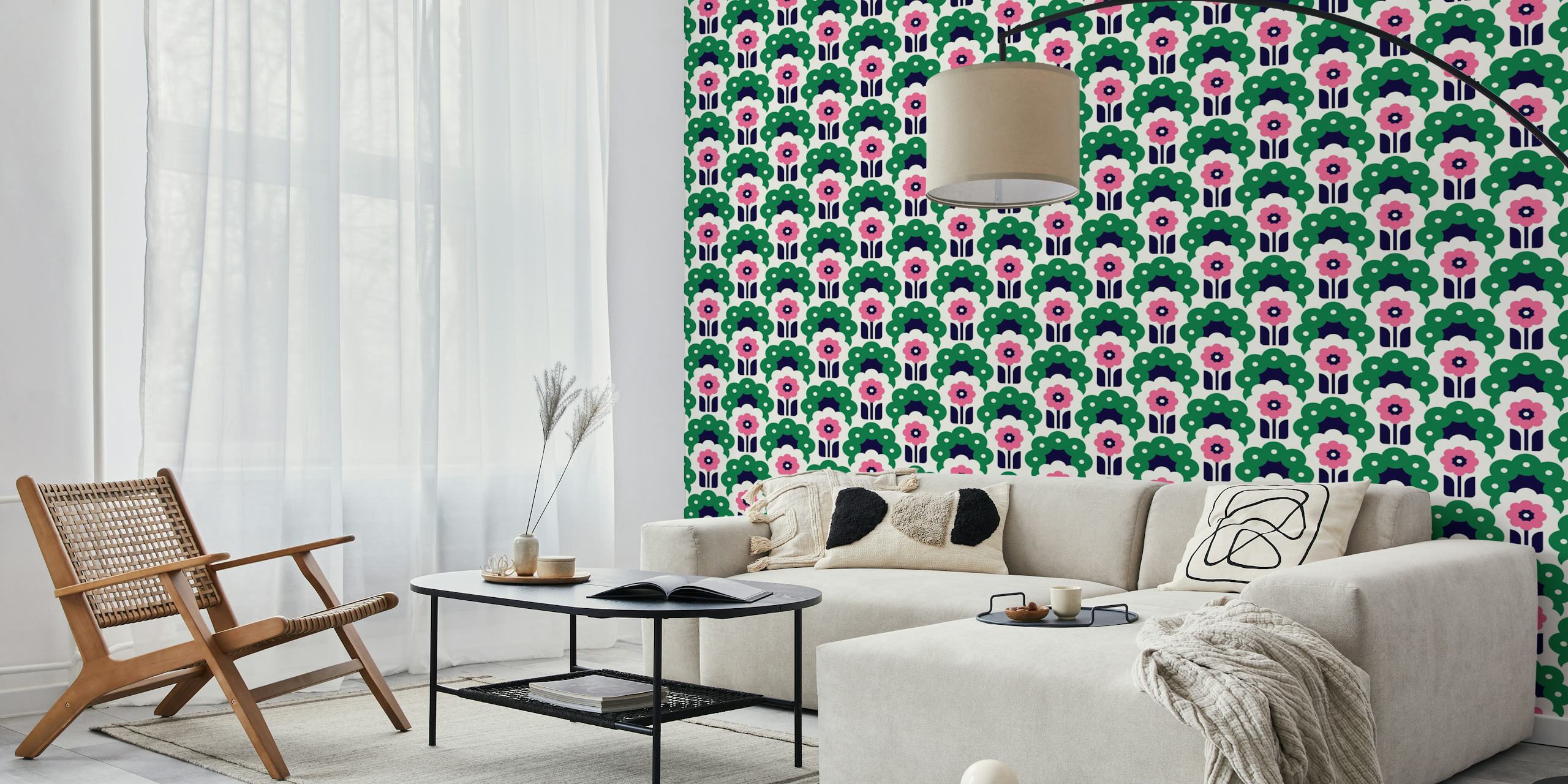 Colorful retro floral design in green and pink wallpaper