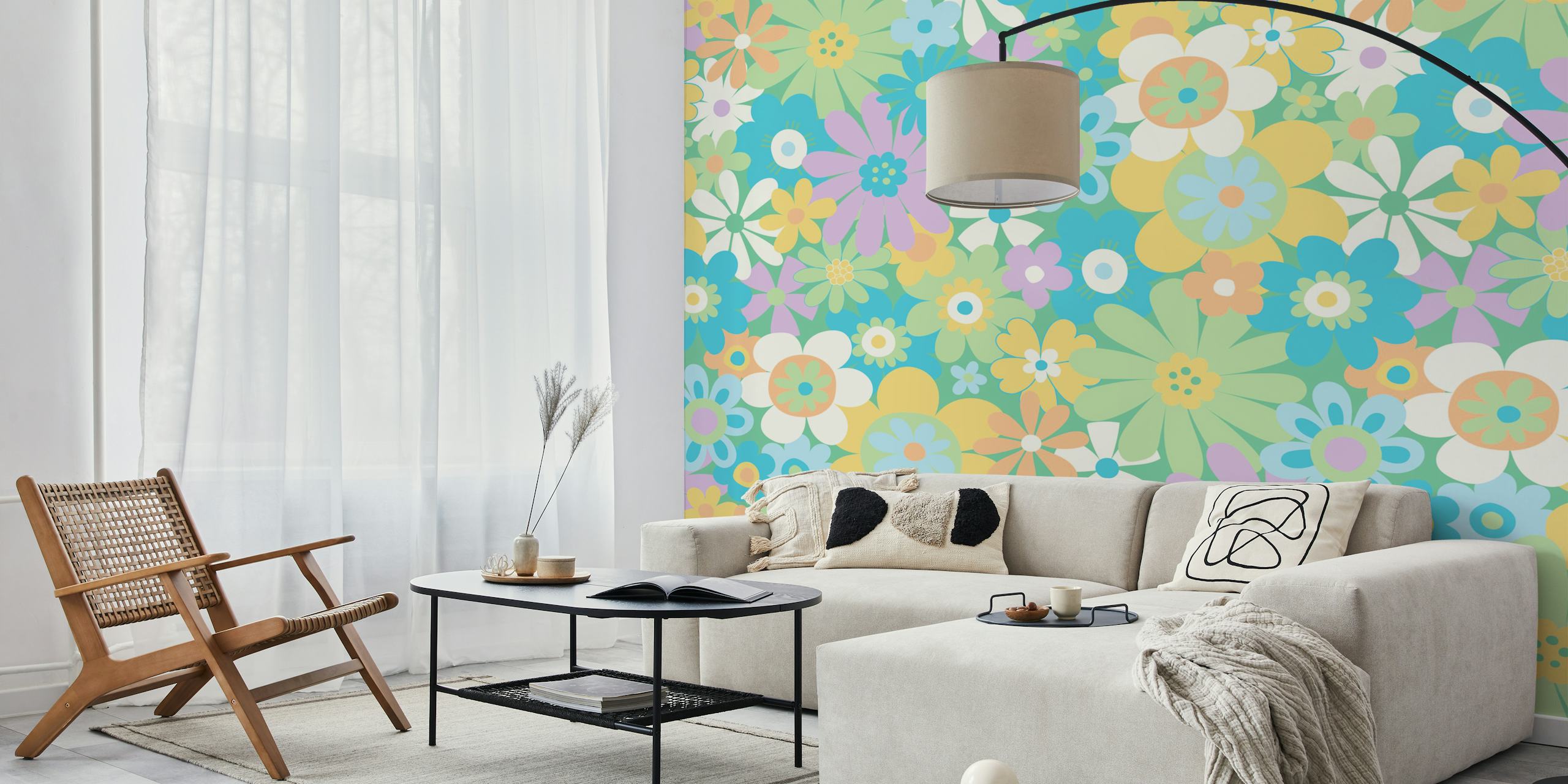 Retro Psychedelic flowers tapet i et rom