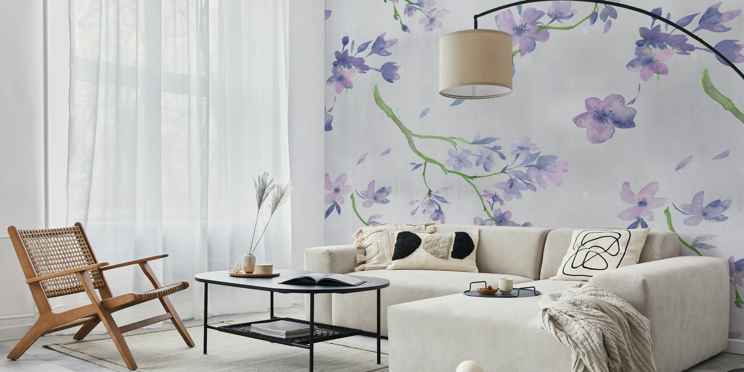 Watercolour violet blossoms with green branches wallpaper