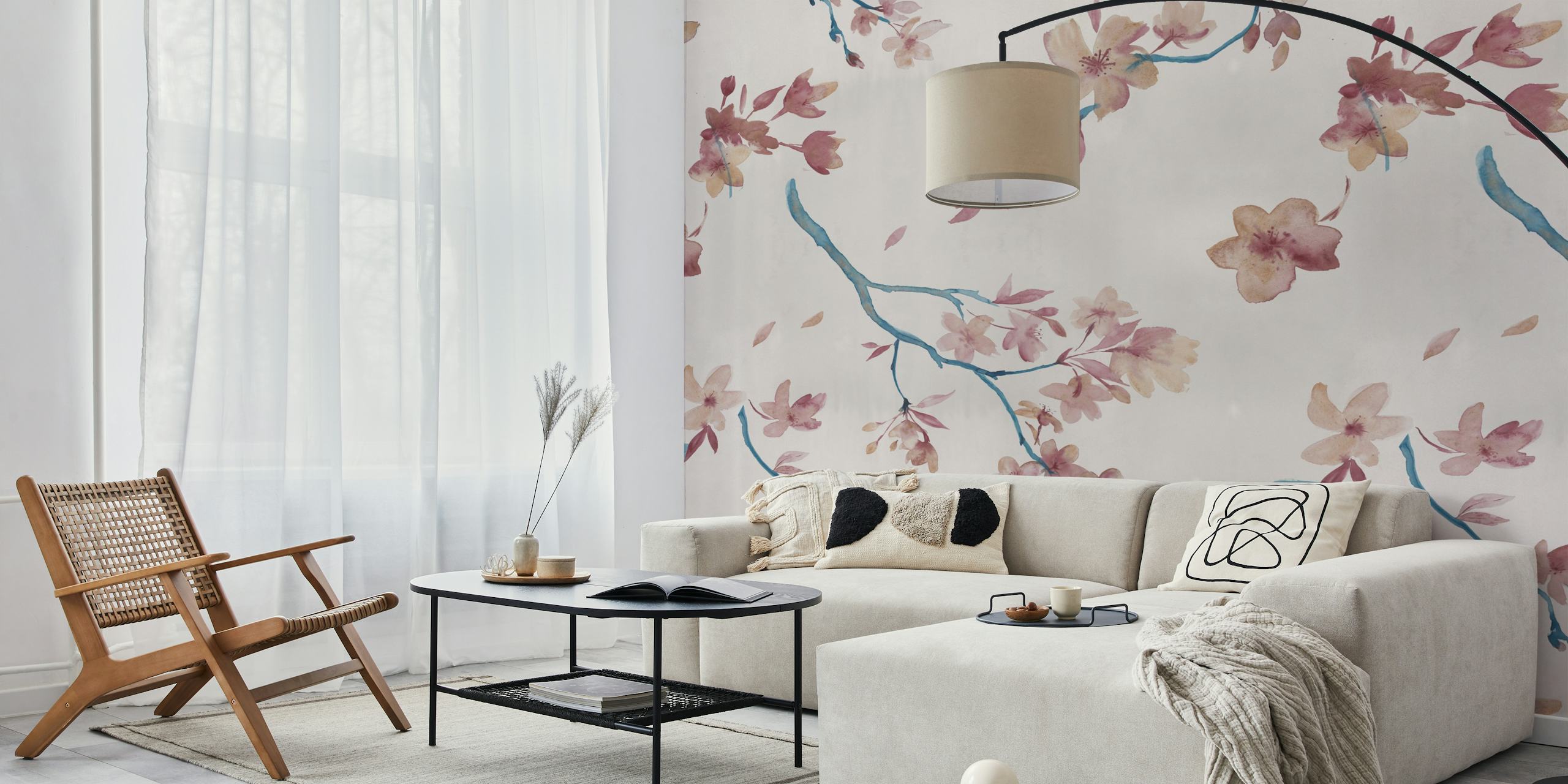 Papel de parede Watercolour Spring Blossoms em um quarto