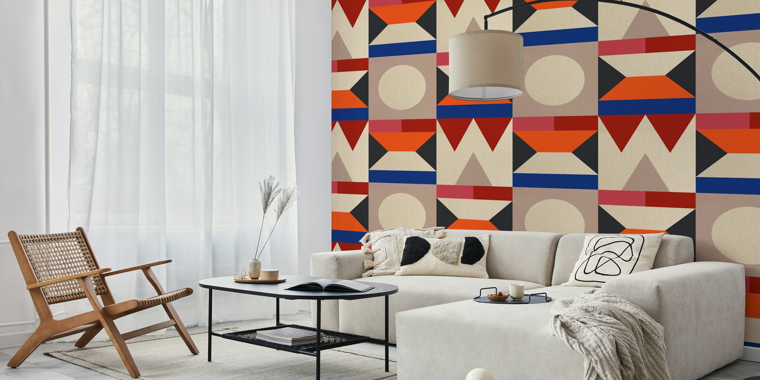 Geometric pattern with red, blue, and beige shapes wallpaper