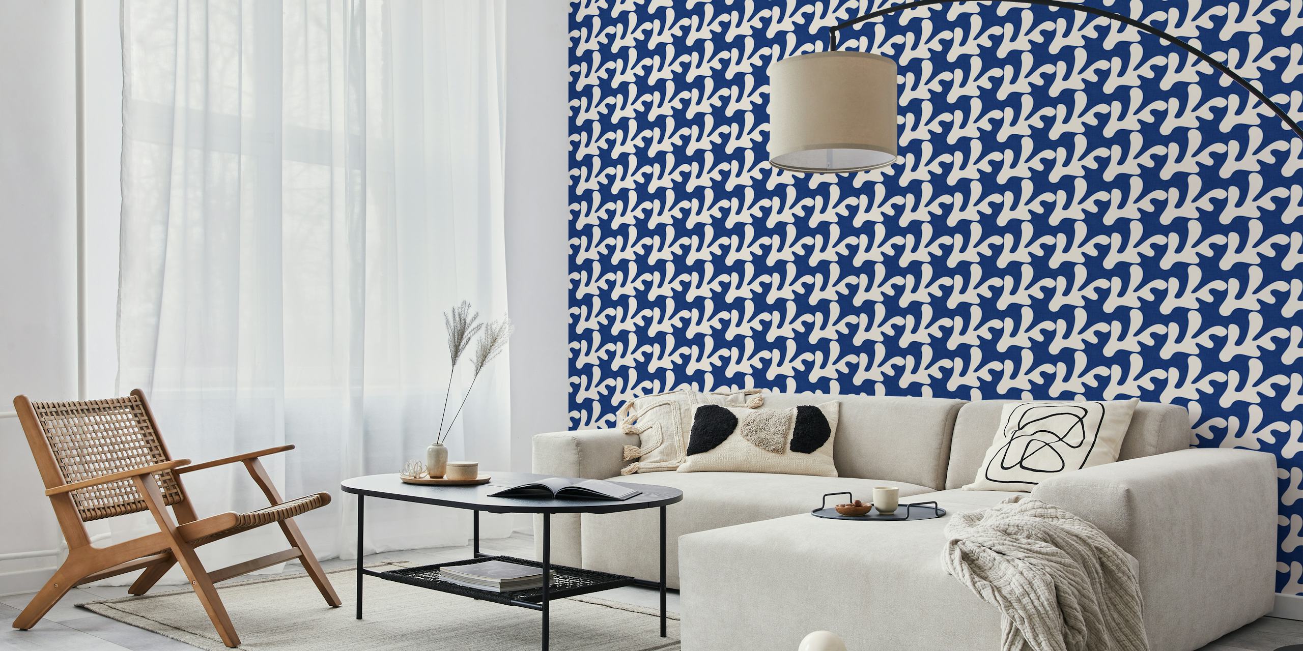 Navy blue coral shapes on cream background wallpaper