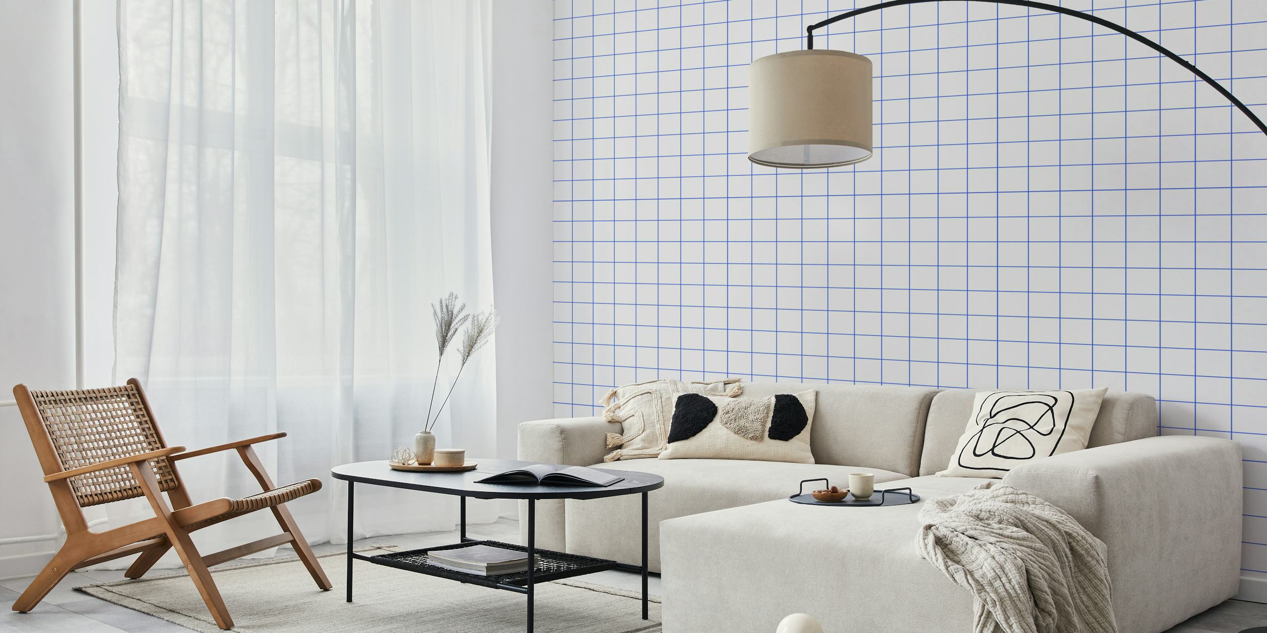 Geometric grid pattern in white and cobalt blue wallpaper