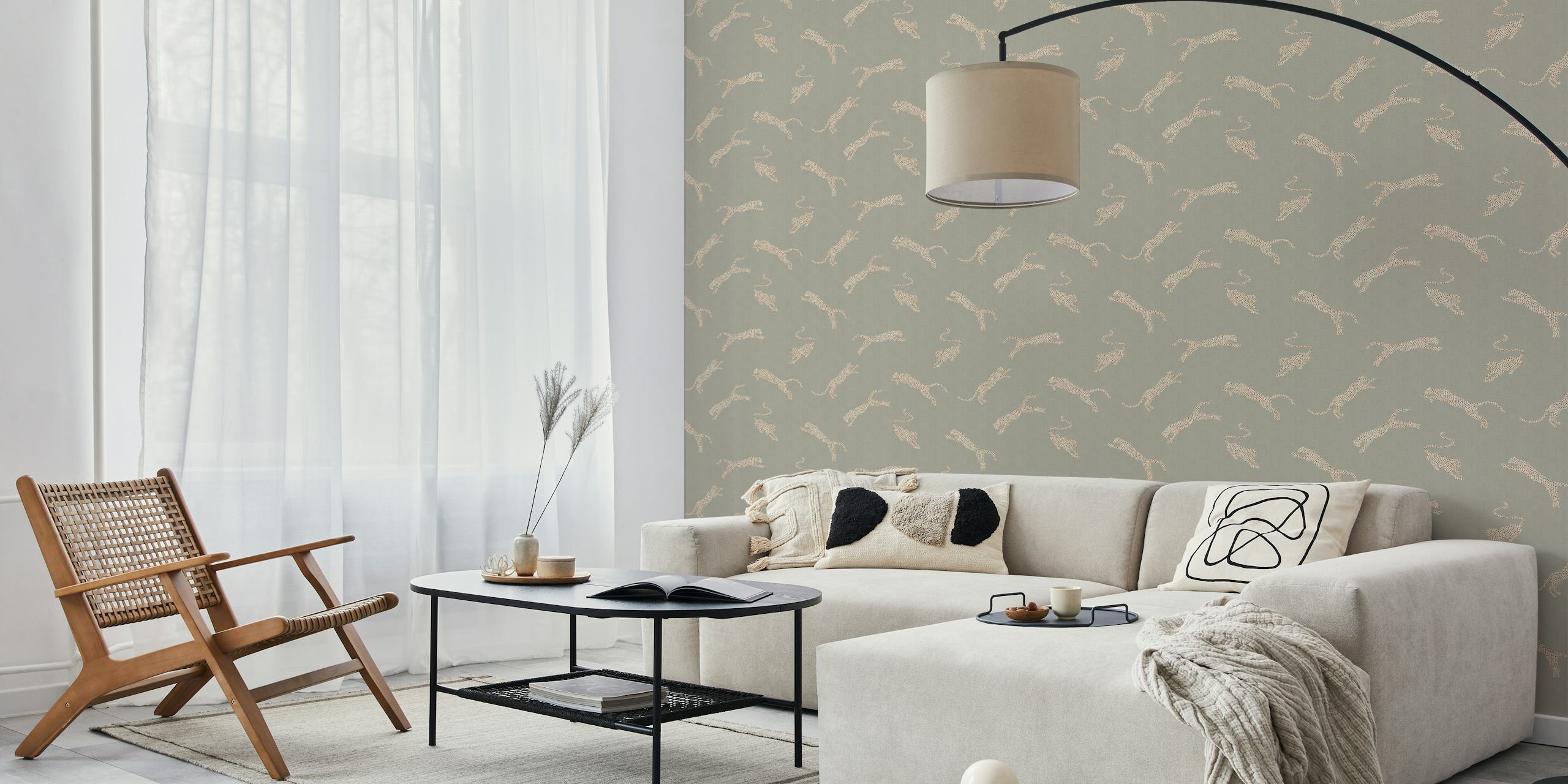 Leaping leopards in beige on vintage taupe textured wallpaper