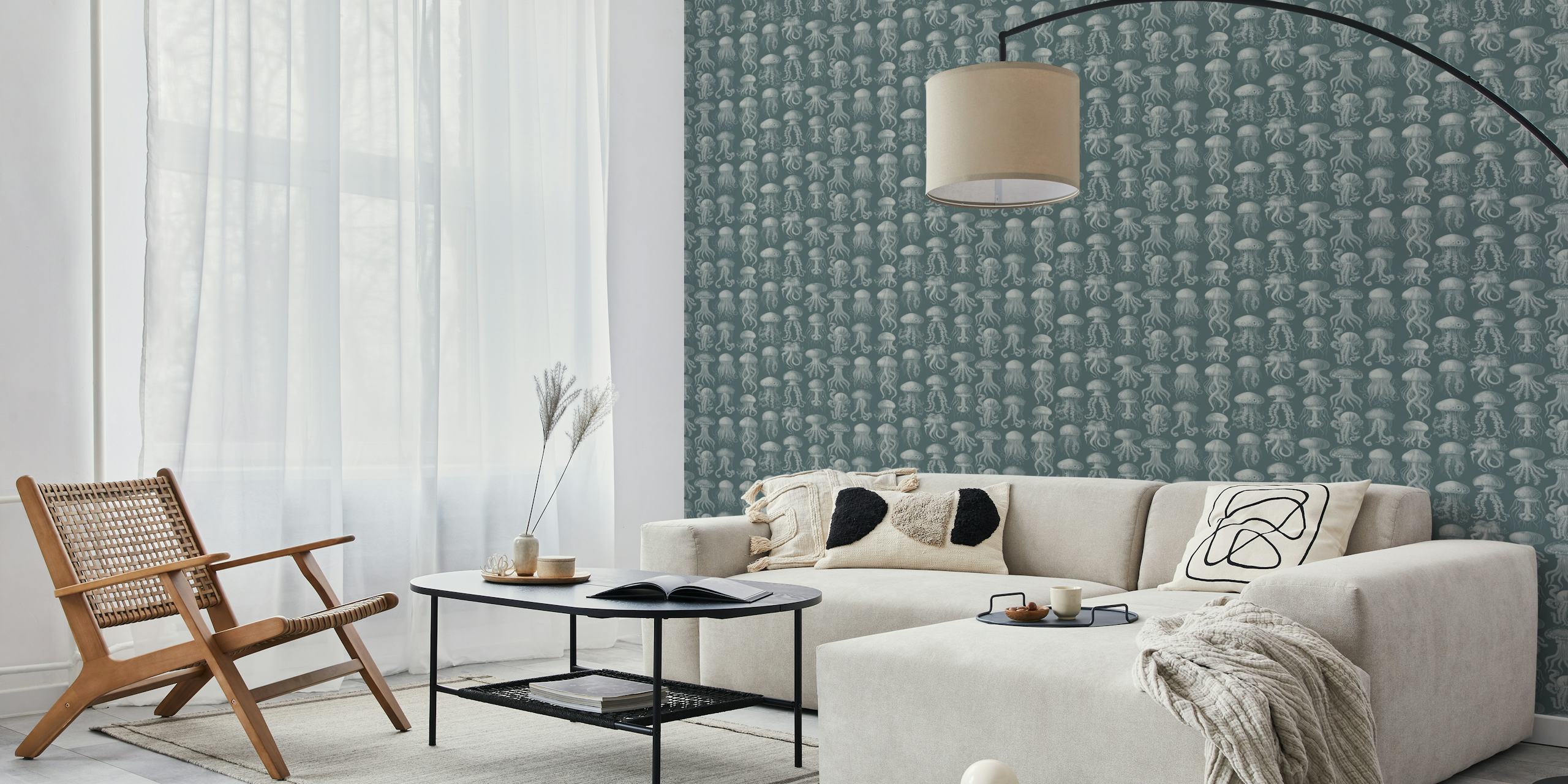 Teal jellyfish illustrations with intricate details on a dark background wallpaper