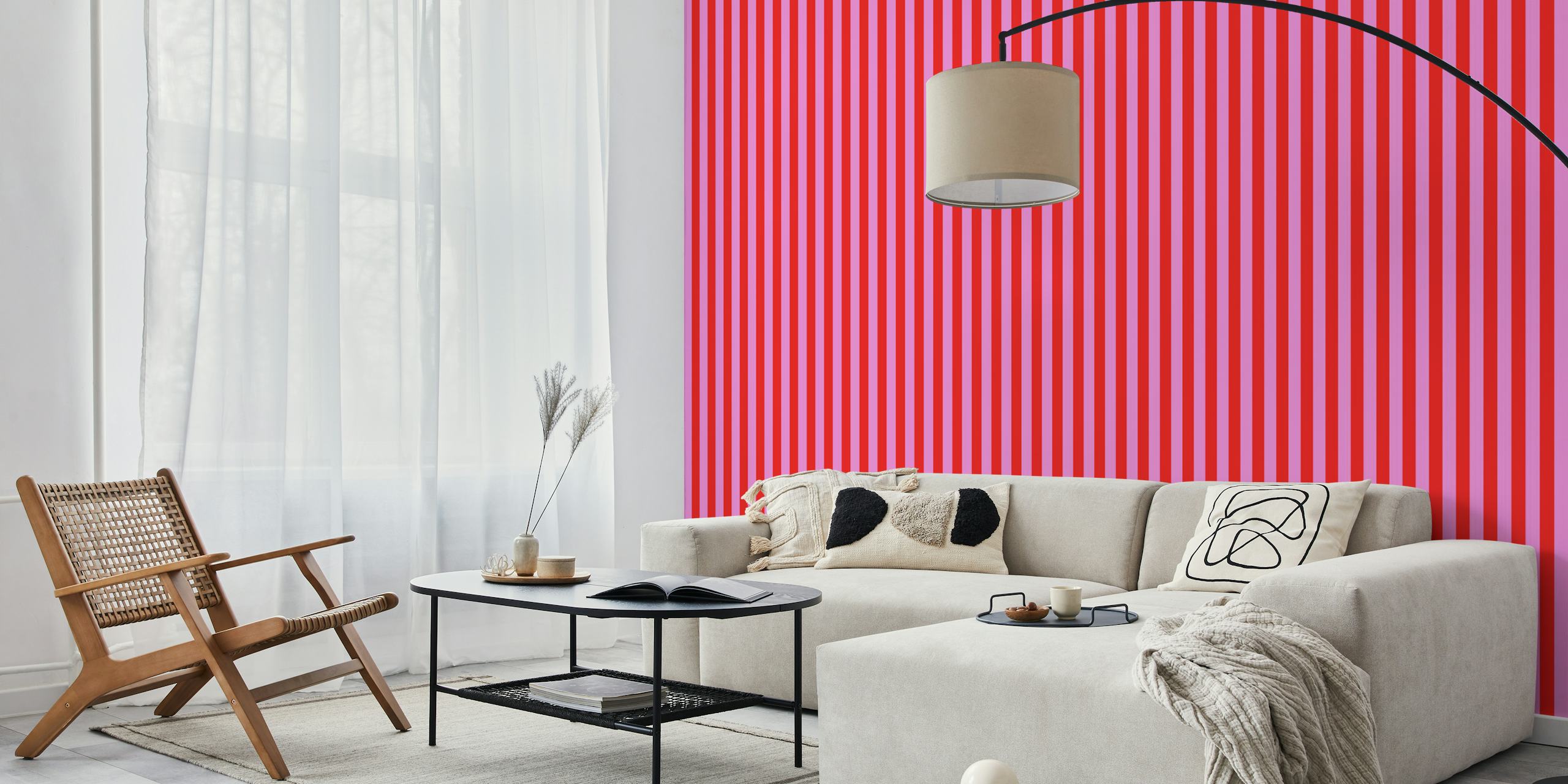 Preppy pink and red vertical stripes wallpaper in room