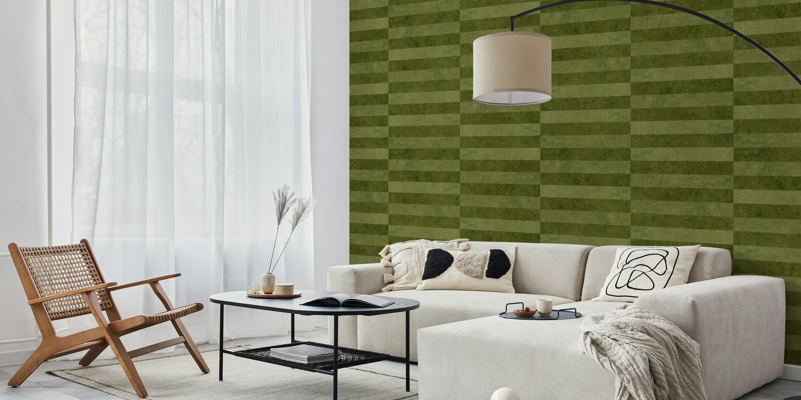 Olive green staggered stripes wallpaper in a room