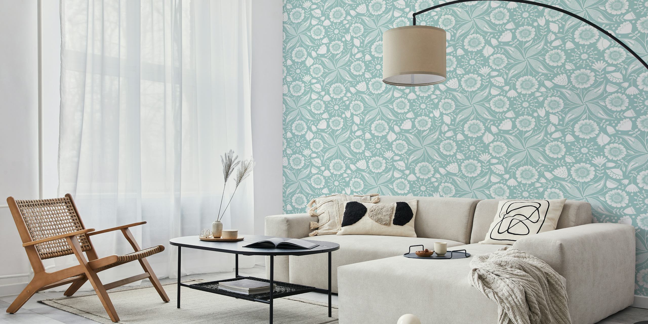Light blue floral botanical wallpaper with white illustrations
