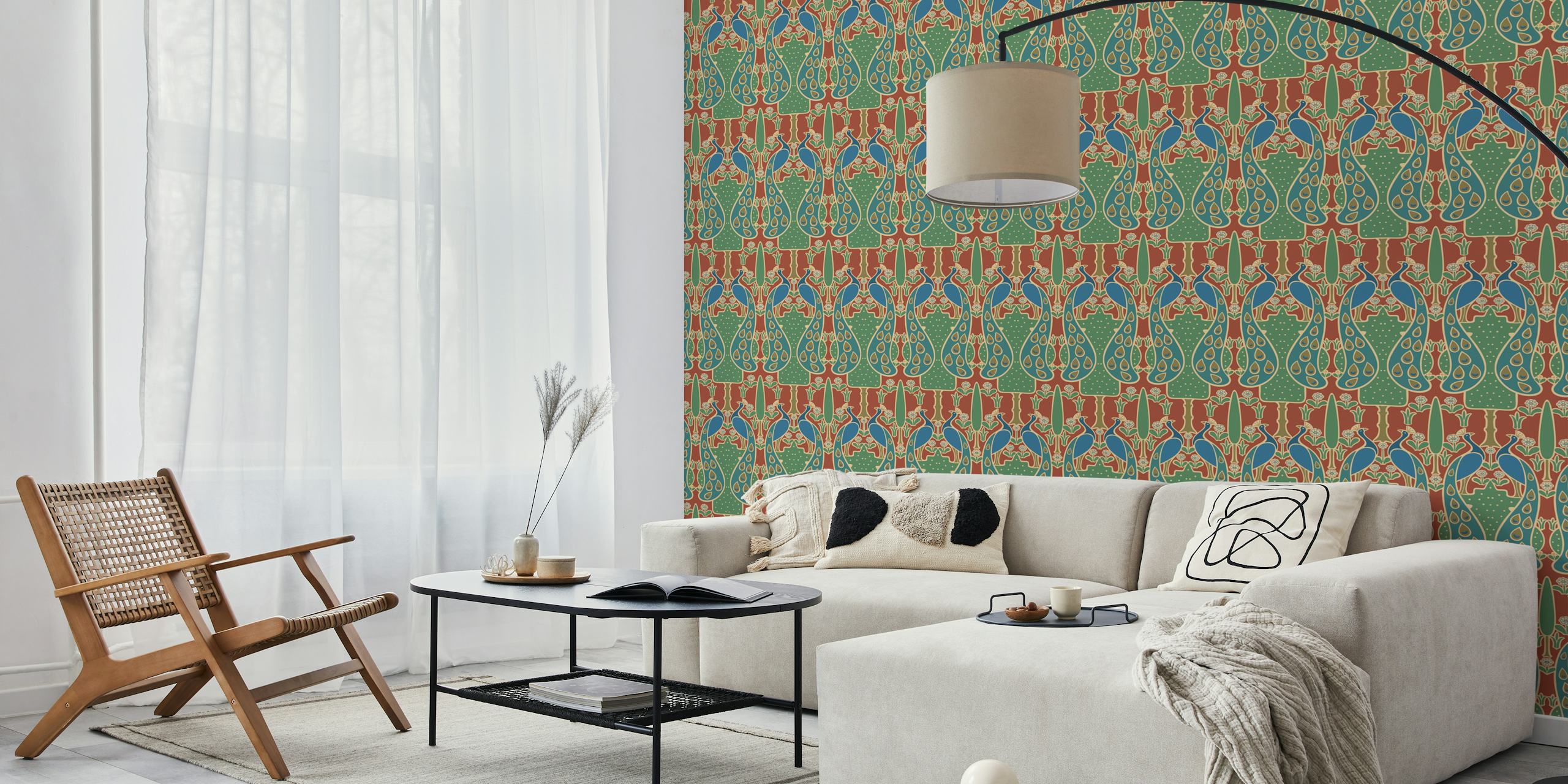 Peacock and floral pattern in blue and green vintage wallpaper