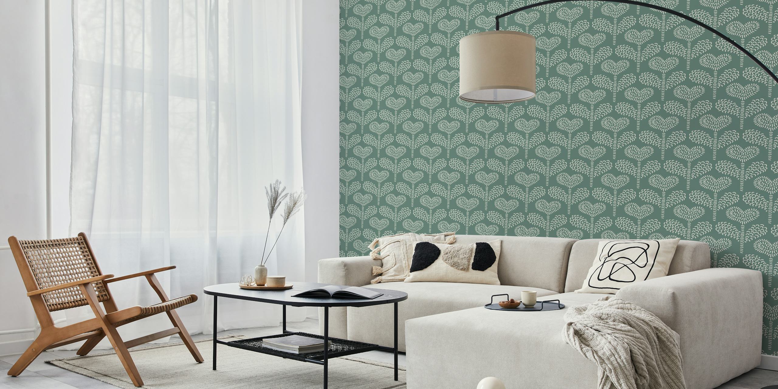 Whimsical heart floral patterns in white over sage green wallpaper