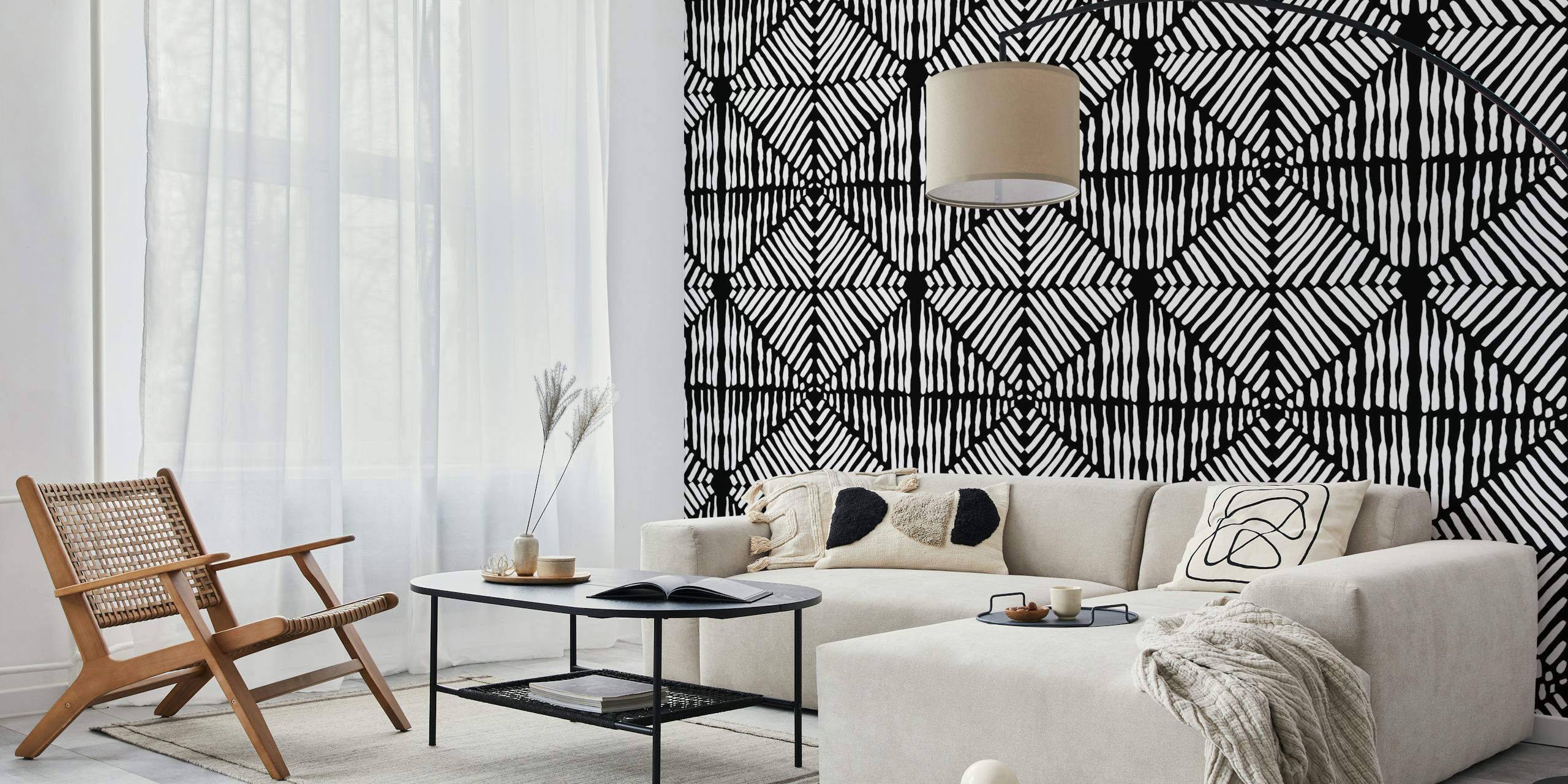Black and white striped tribal pattern wallpaper