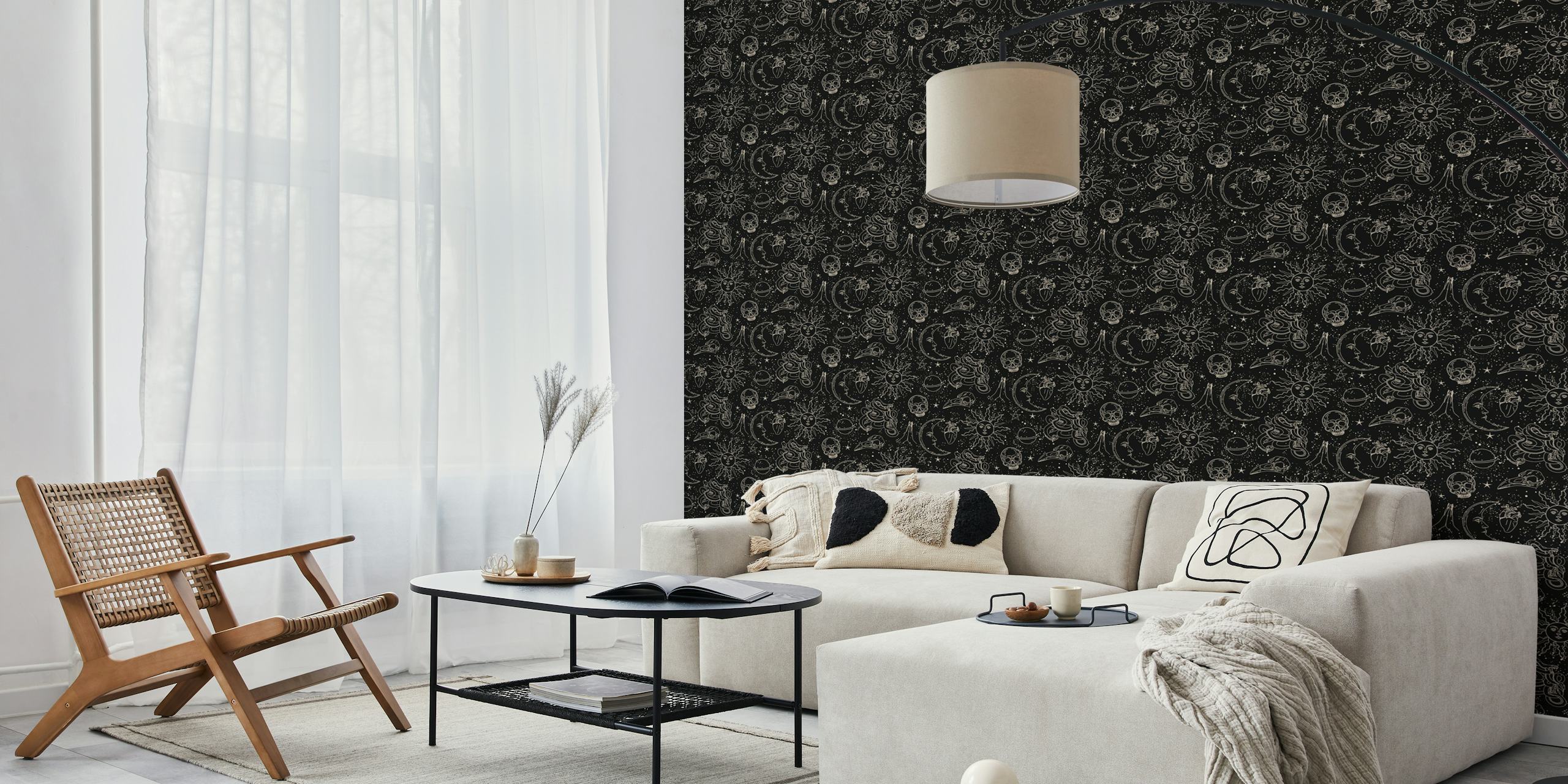 Celestial sun, moon, and star patterns in black and gold wallpaper