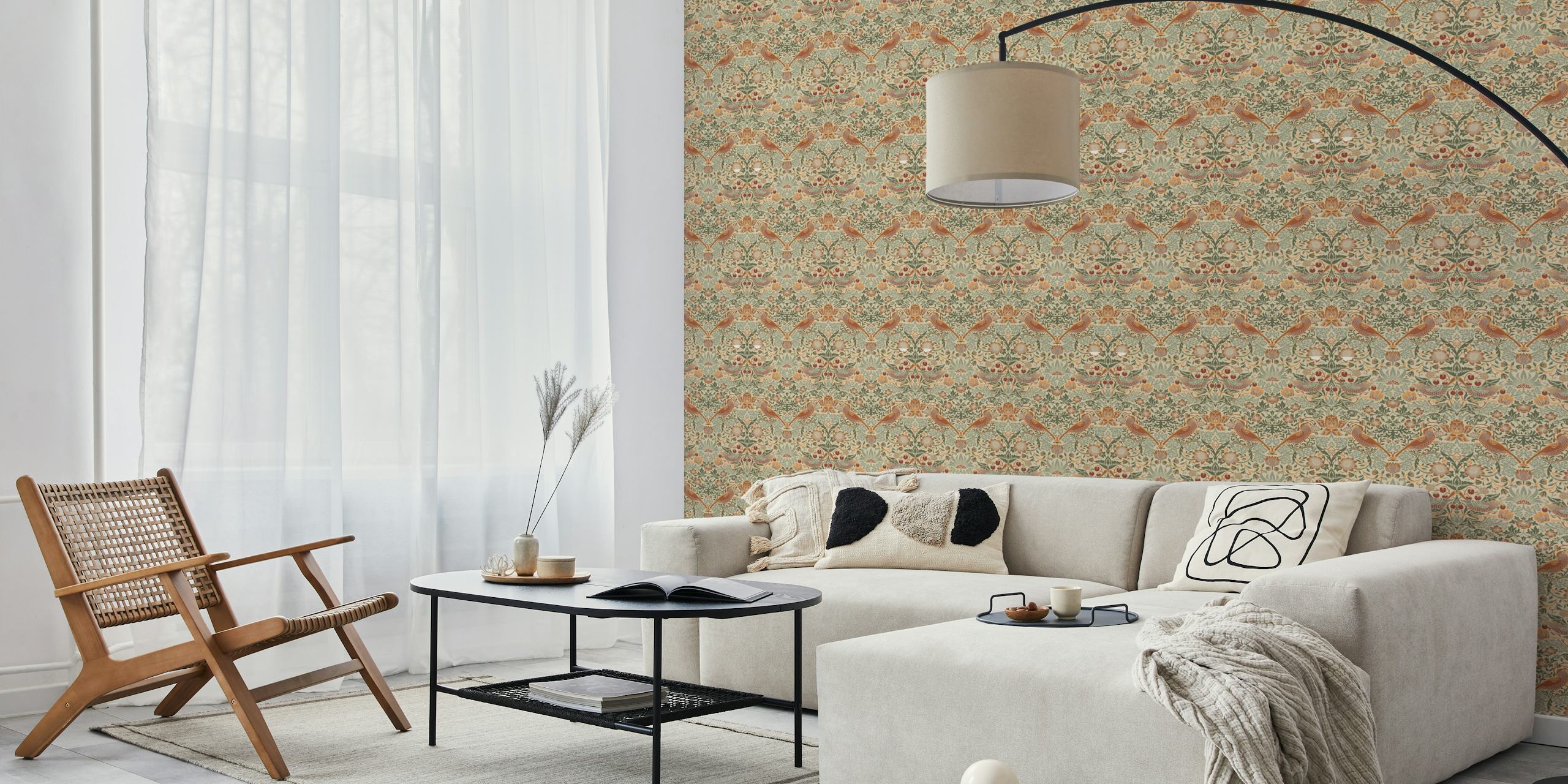 Pattern of strawberries and birds in soft greens and reds wallpaper
