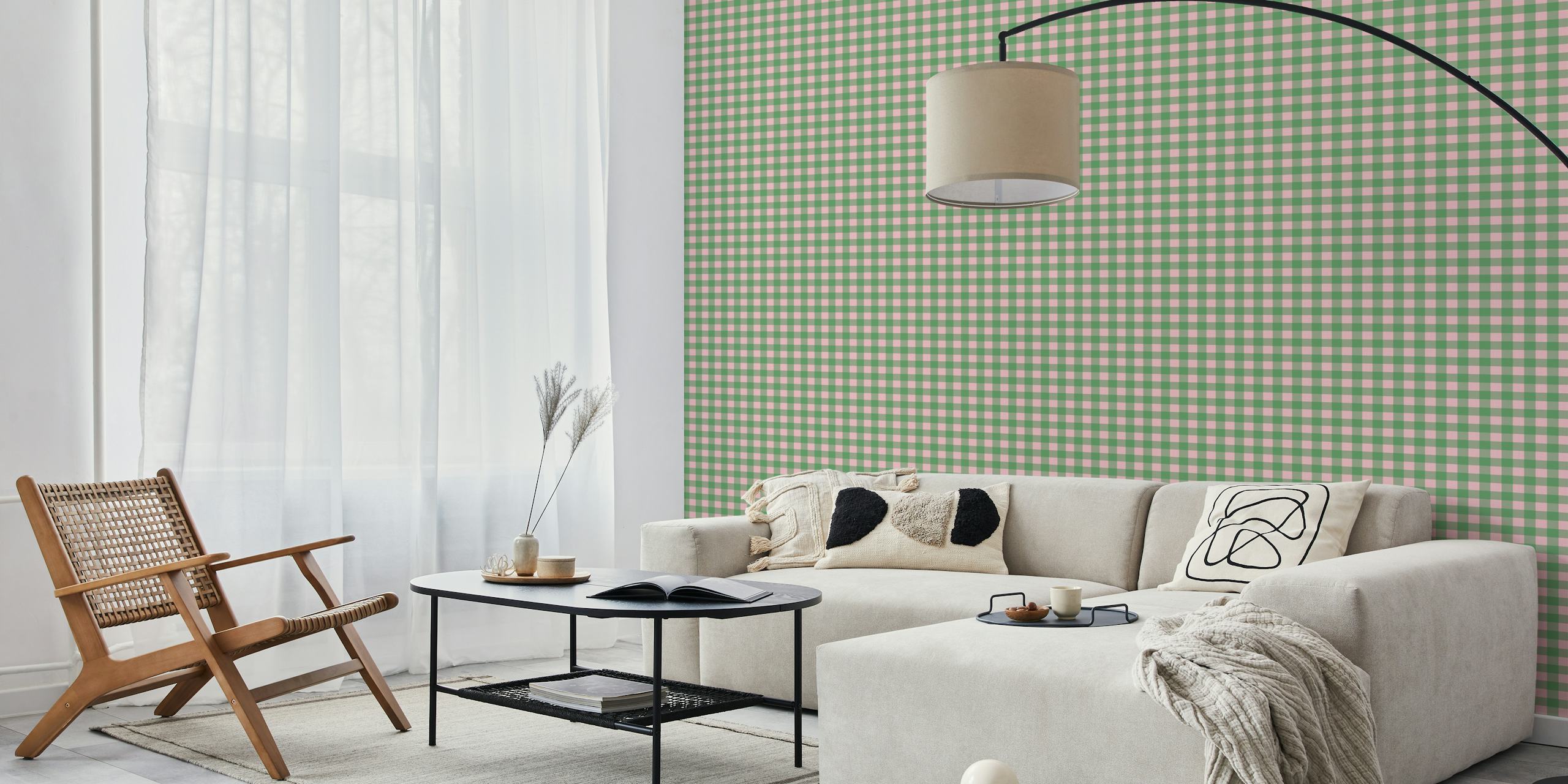 Pink and green gingham pattern wallpaper