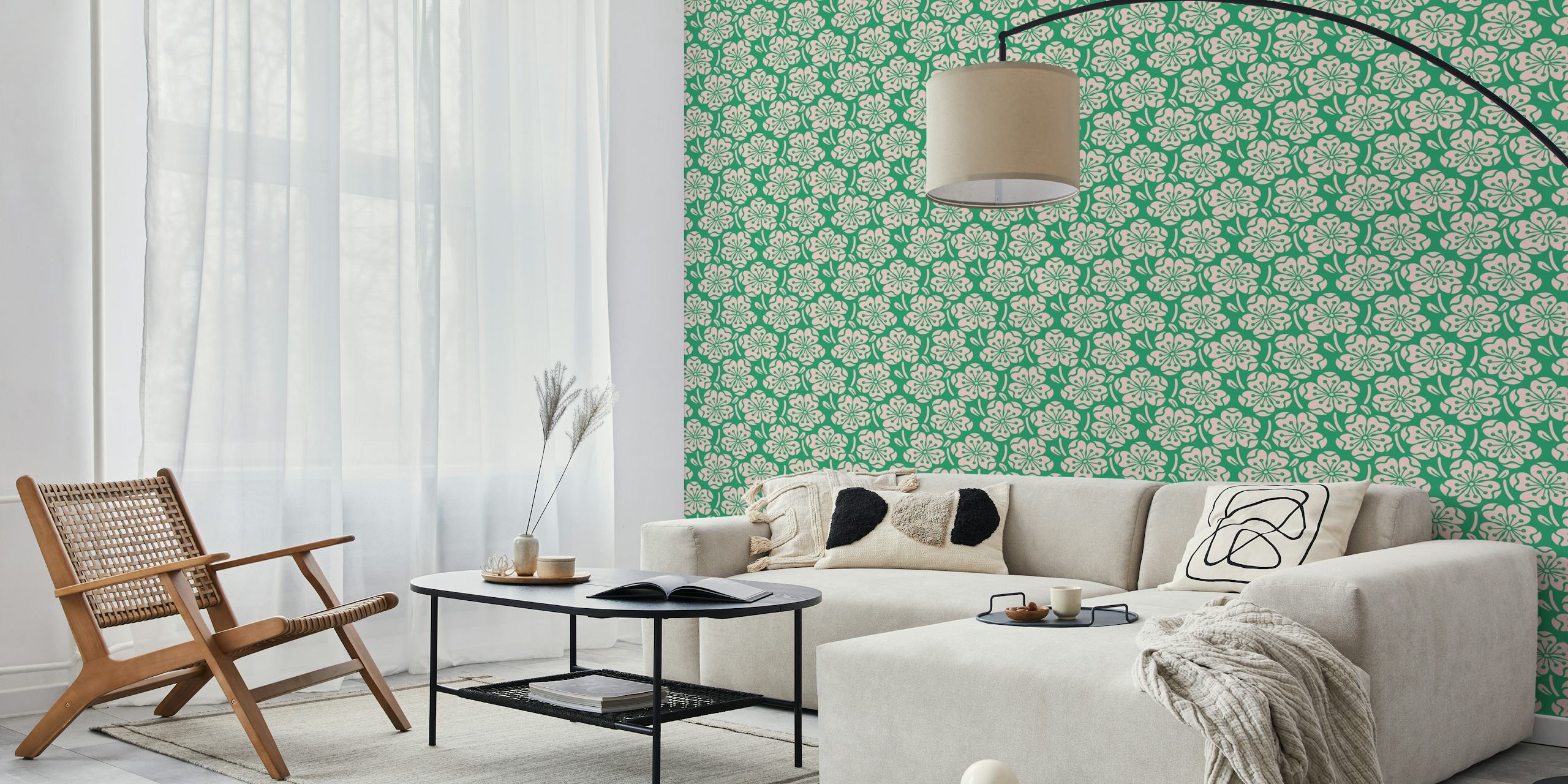 Pink floral patterns on green background wallpaper
