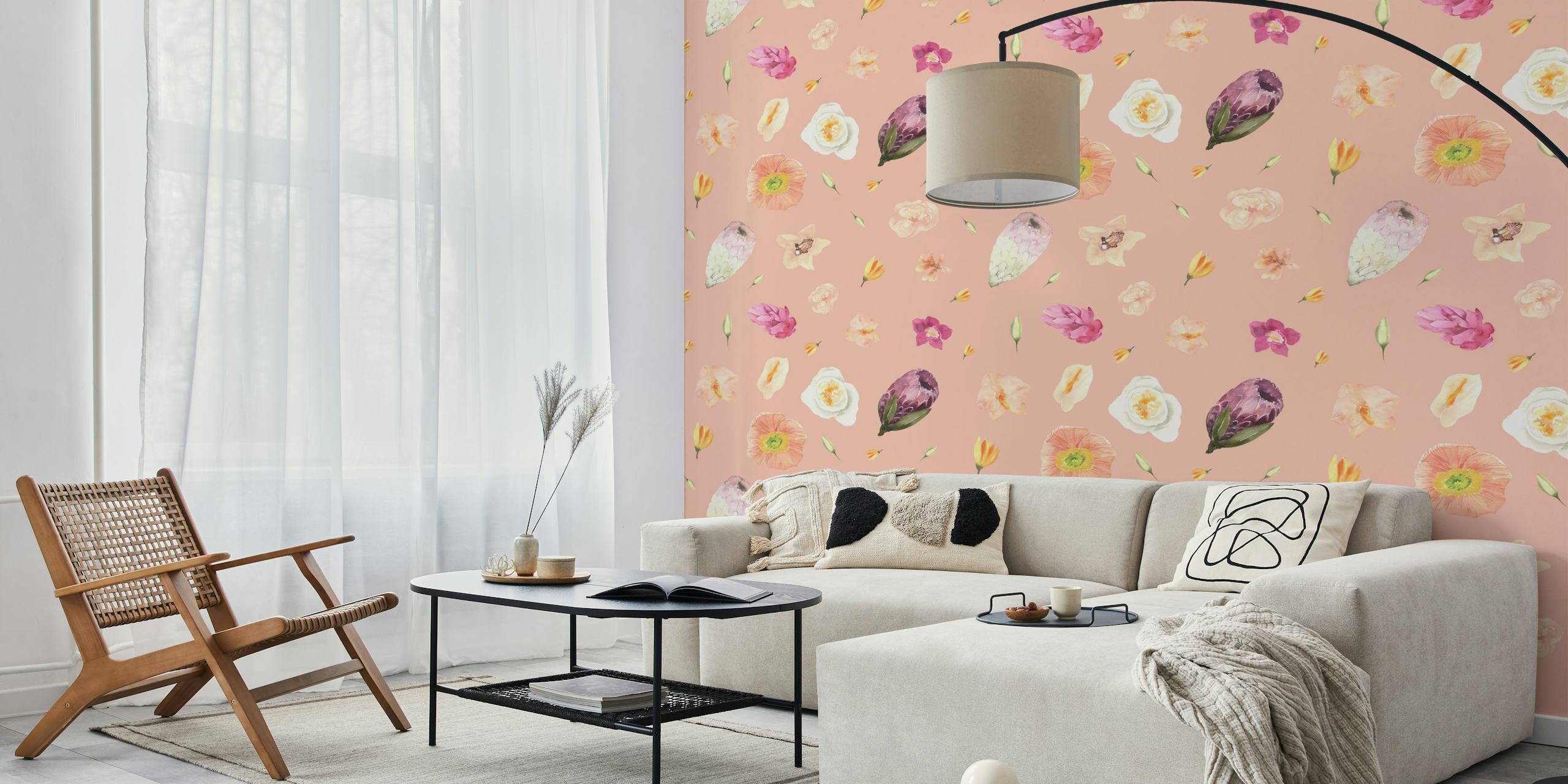 Hand-painted tropical flowers wallpaper in a room