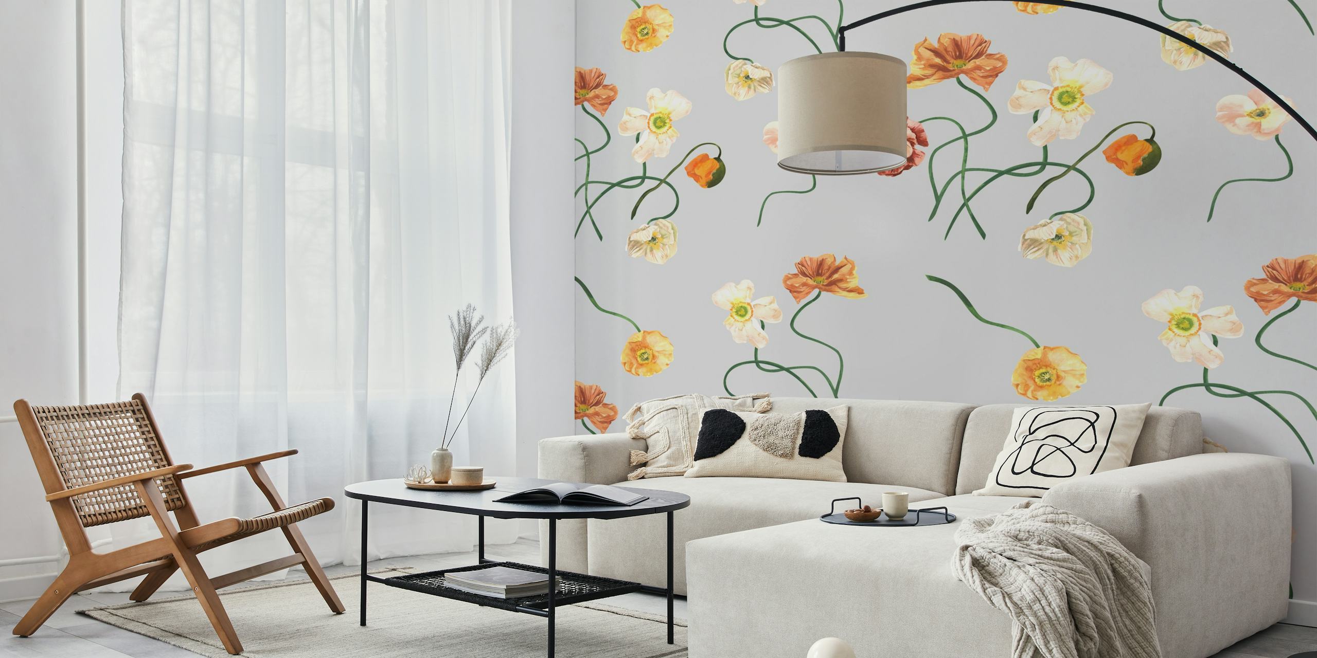 Golden and Blush Poppy Pattern wallpaper in a room