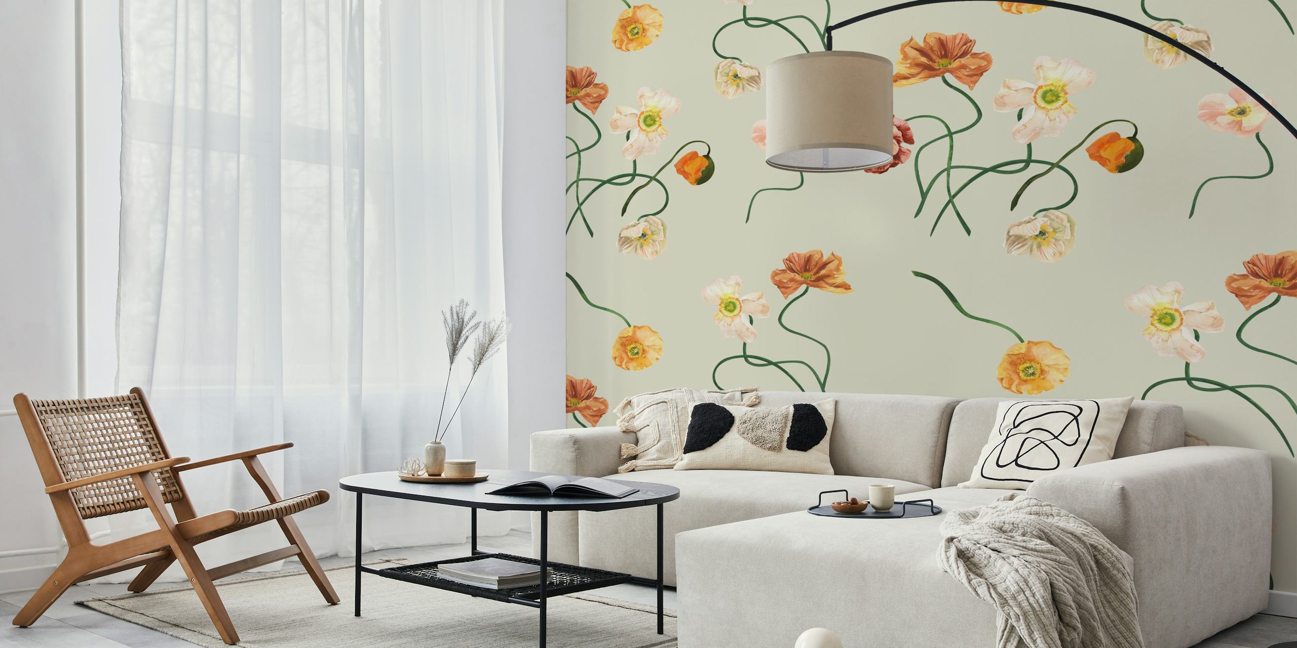 Wild Poppies on Sage Green wallpaper in a room