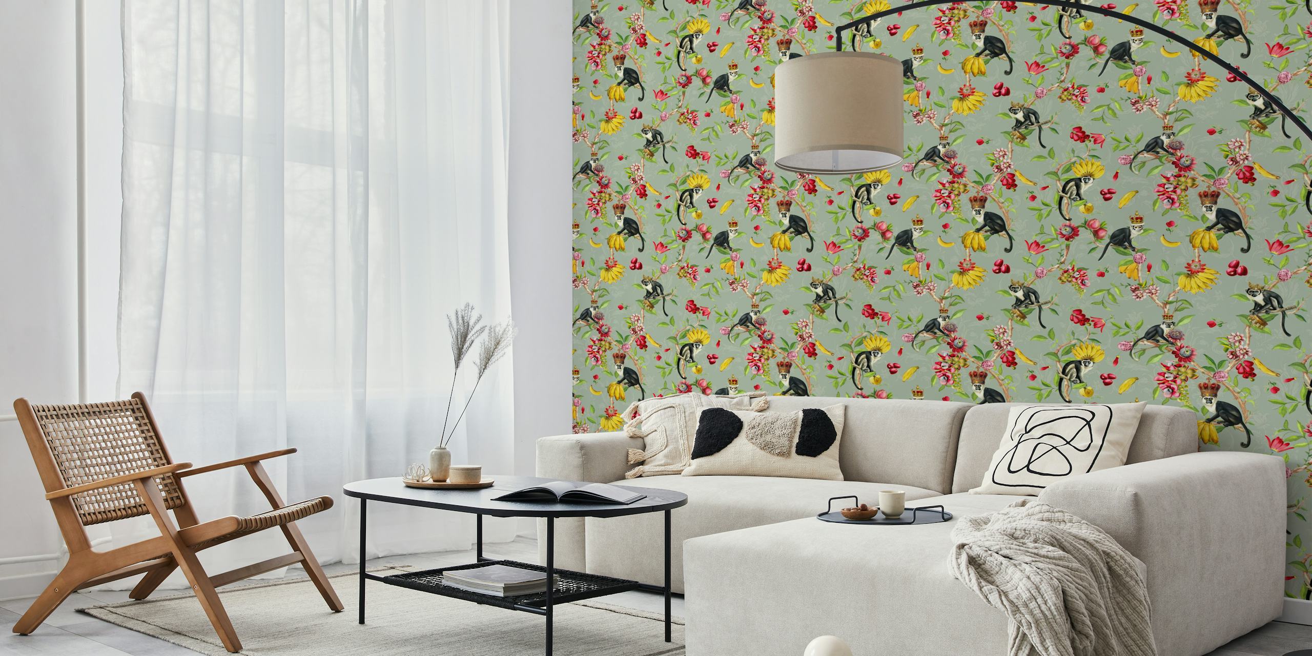 Vintage monkeys surrounded by tropical flowers and fruits wallpaper