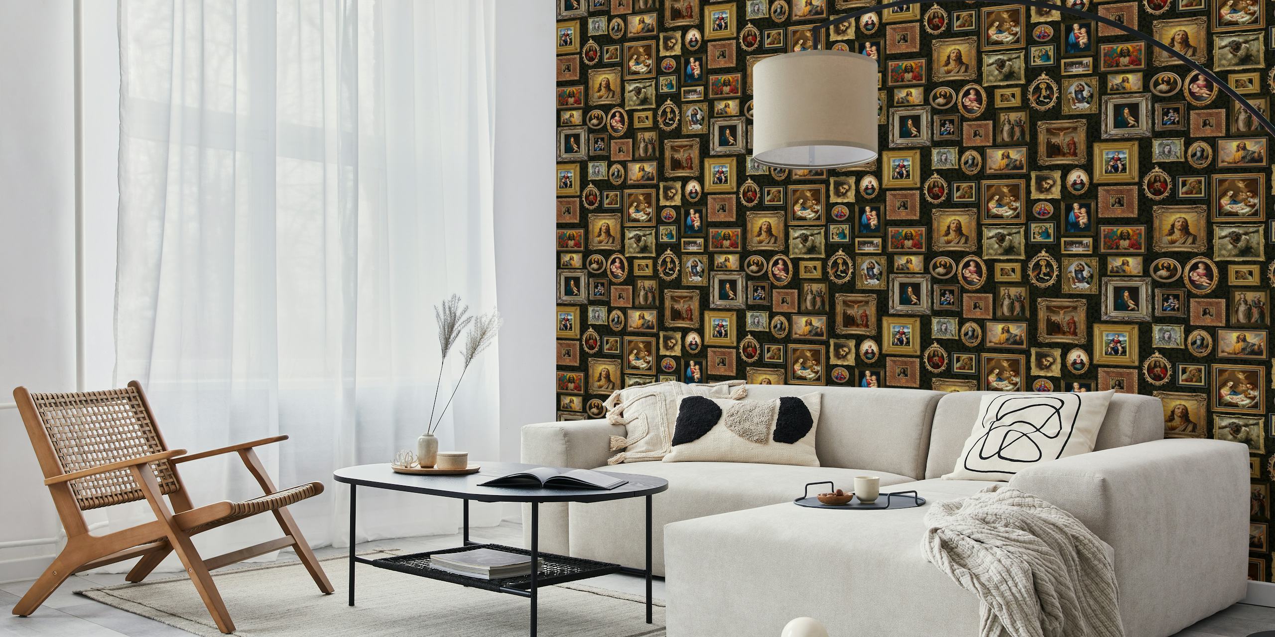 Vintage art gallery wallpaper featuring classic paintings in ornate frames on dark background.