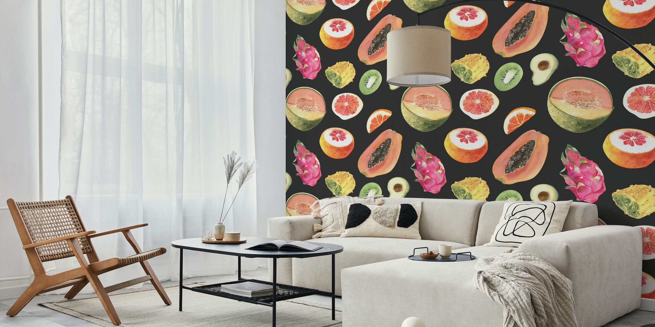 Tropical fruits wallpaper on an off-black background