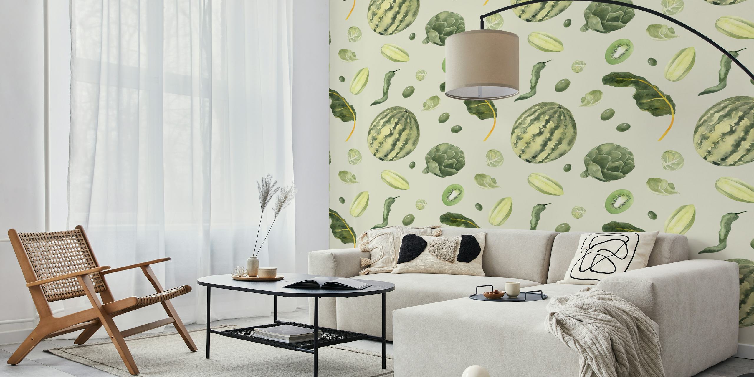 Colorful green tropical fruits and veggies pattern wallpaper