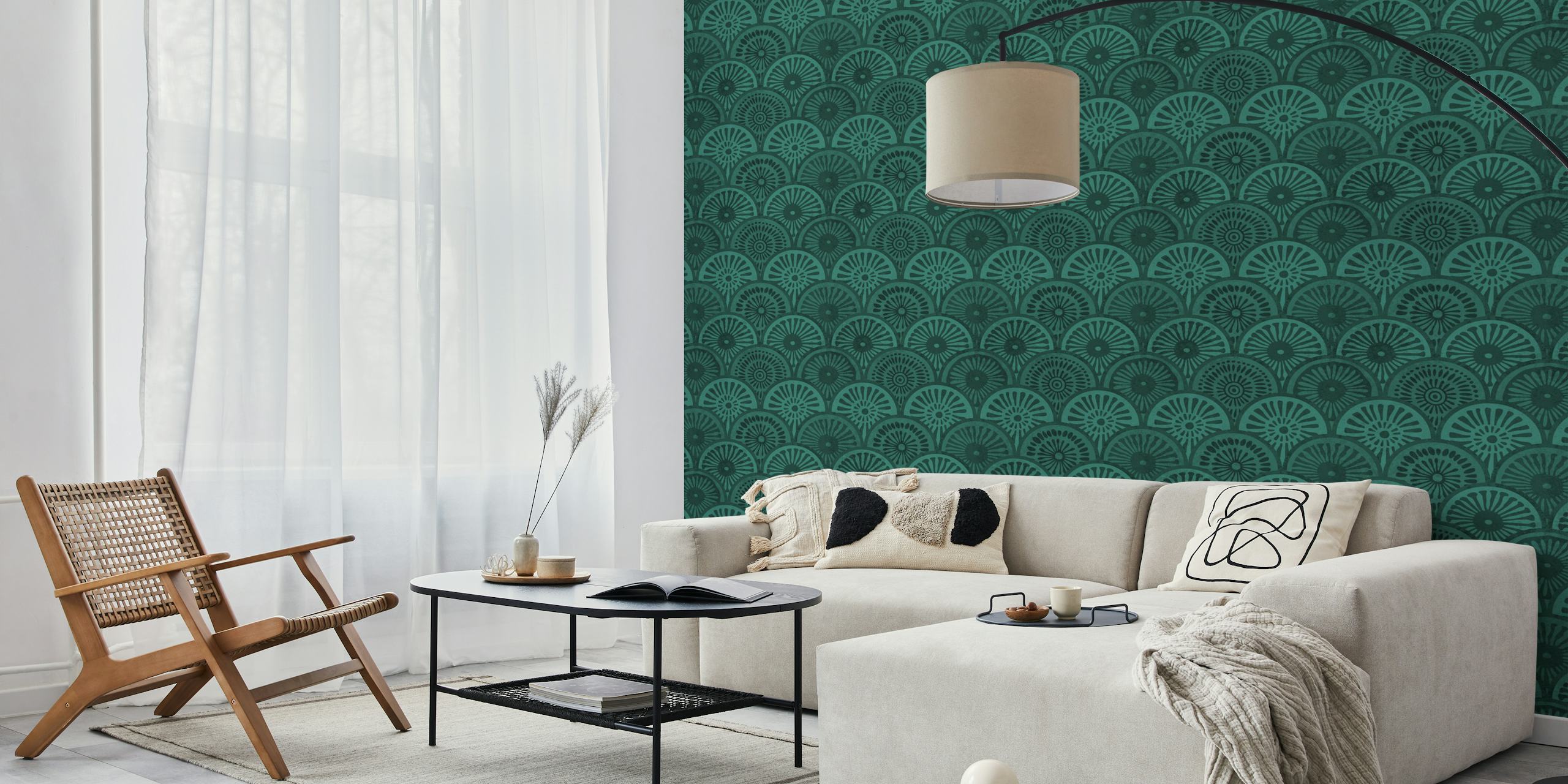Emerald teal scallop shapes wallpaper in bohemian style
