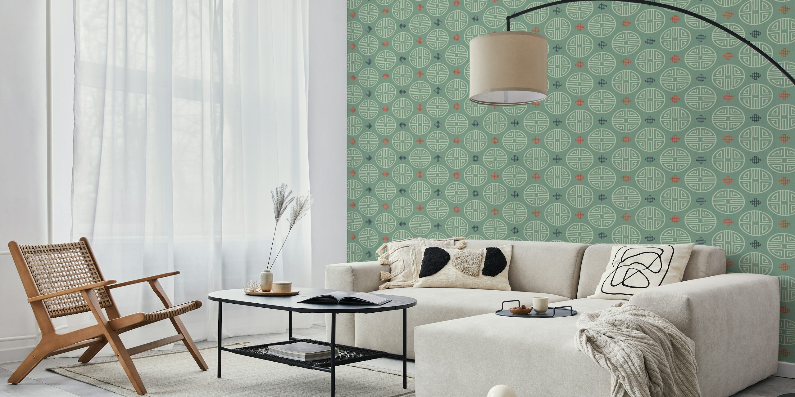 Asian ornaments sage green carta da parati in una stanza