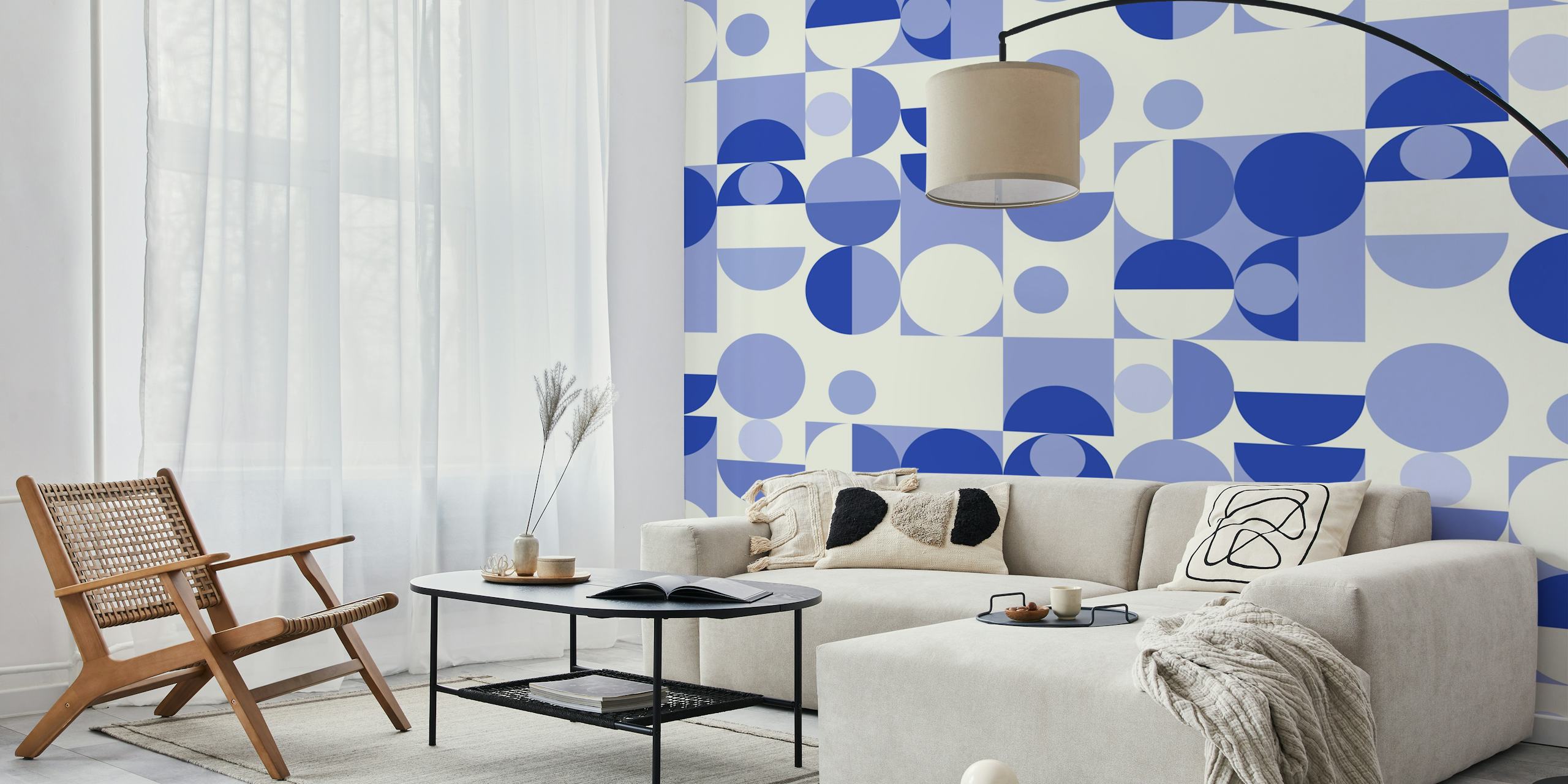 Bauhaus mid-century blue geometric wallpaper in a room