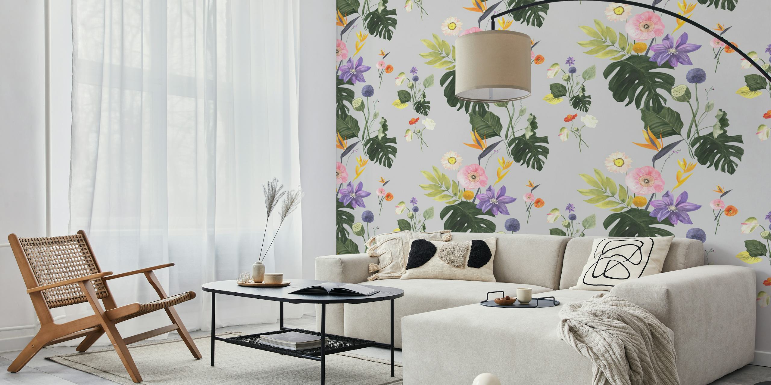 Exotic jungle flowers wallpaper in a room