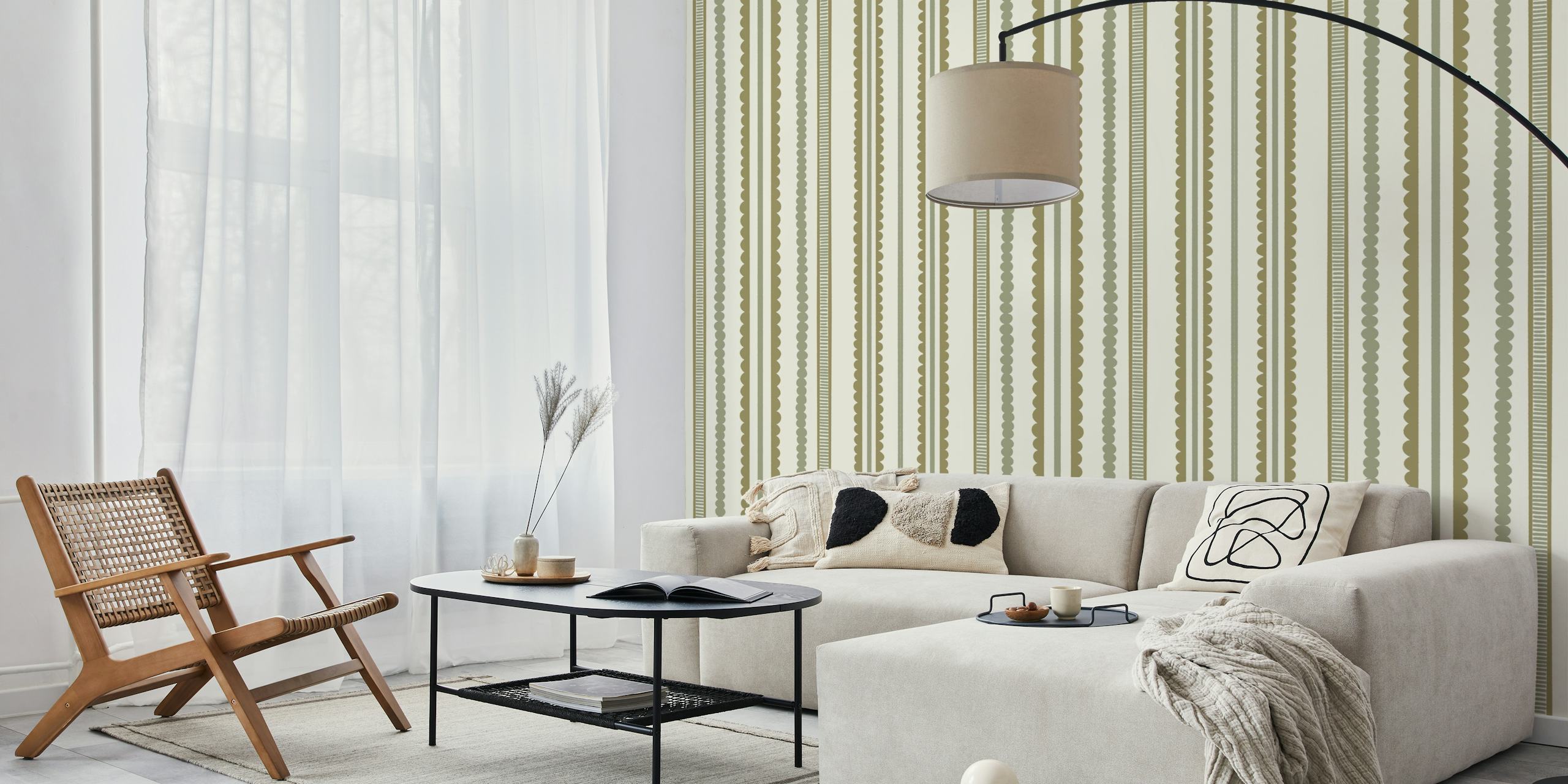 Sage and Olive Vertical Stripes wallpaper in a room