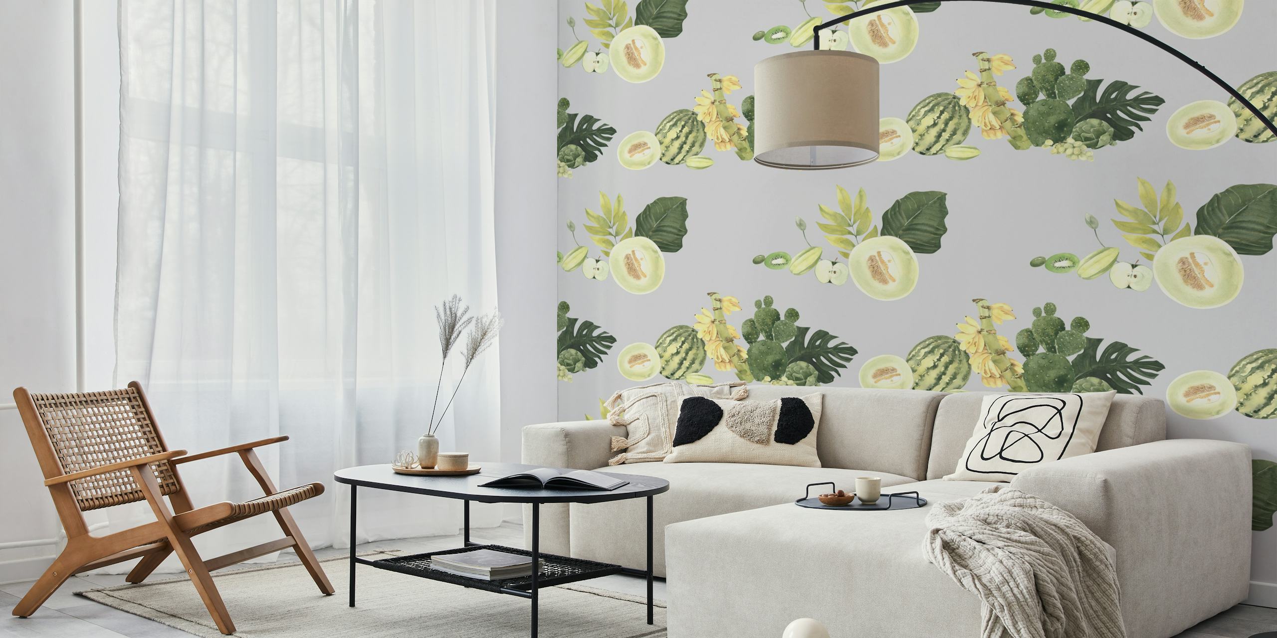 Lush tropical harvest pattern wallpaper in a room