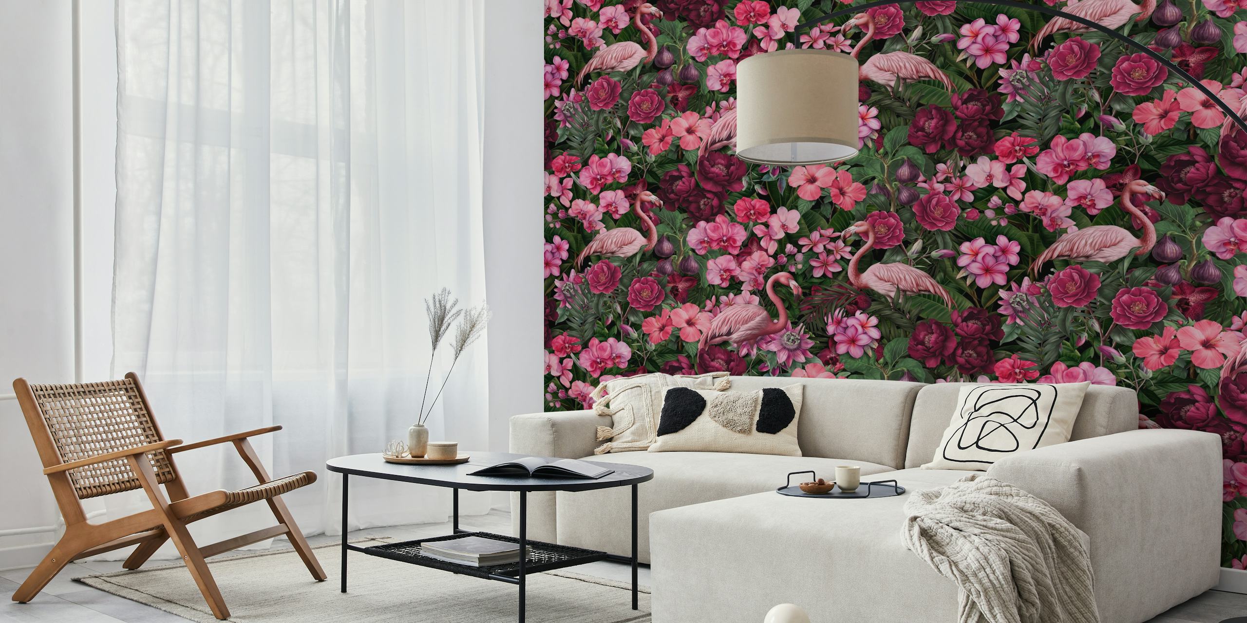 Flamingo floral wallpaper in room setting