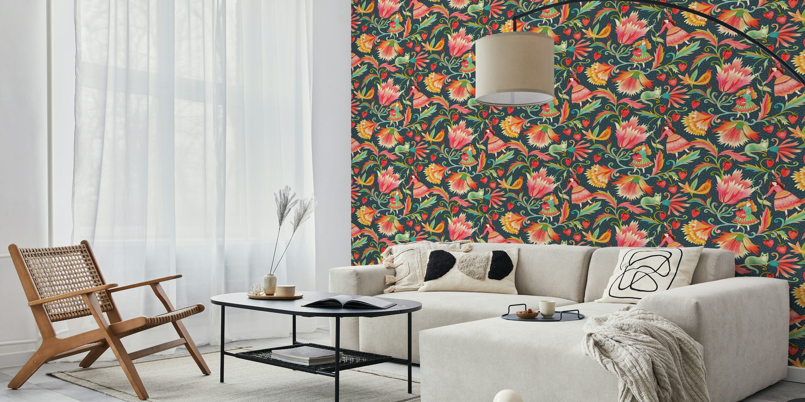 Floral wallpaper featuring dolls and strawberries