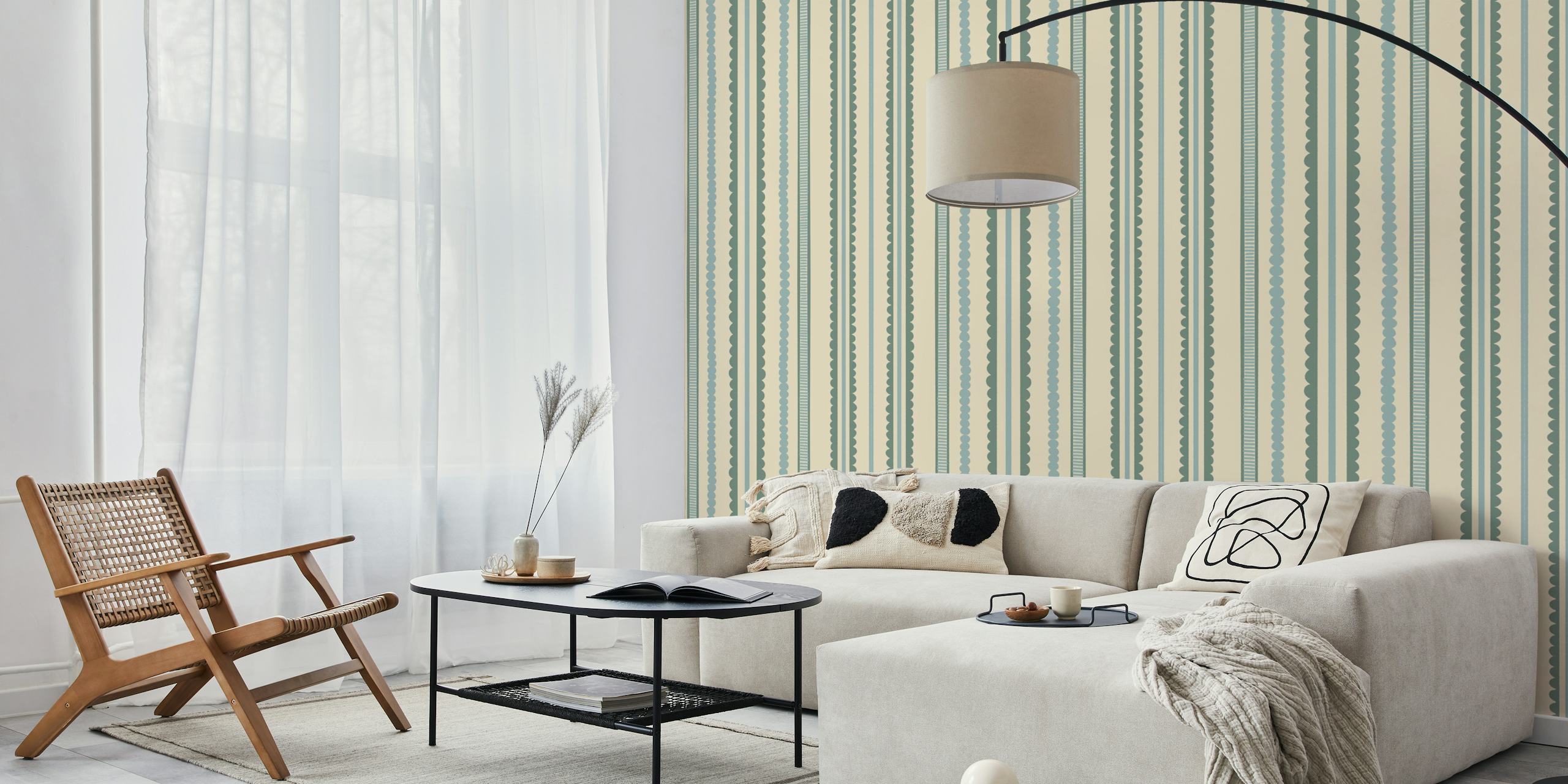 Vintage striped wallpaper featuring soft blue and cream colors in varying patterns