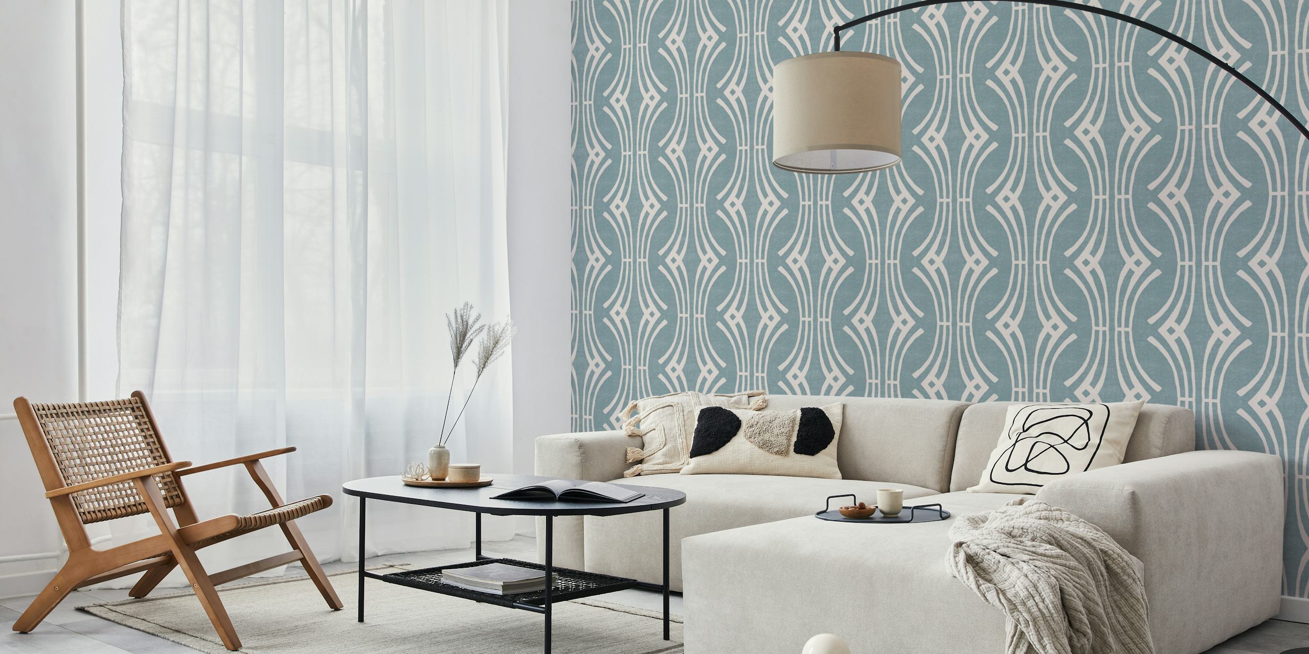 Geometric wave pattern in blue and white wallpaper