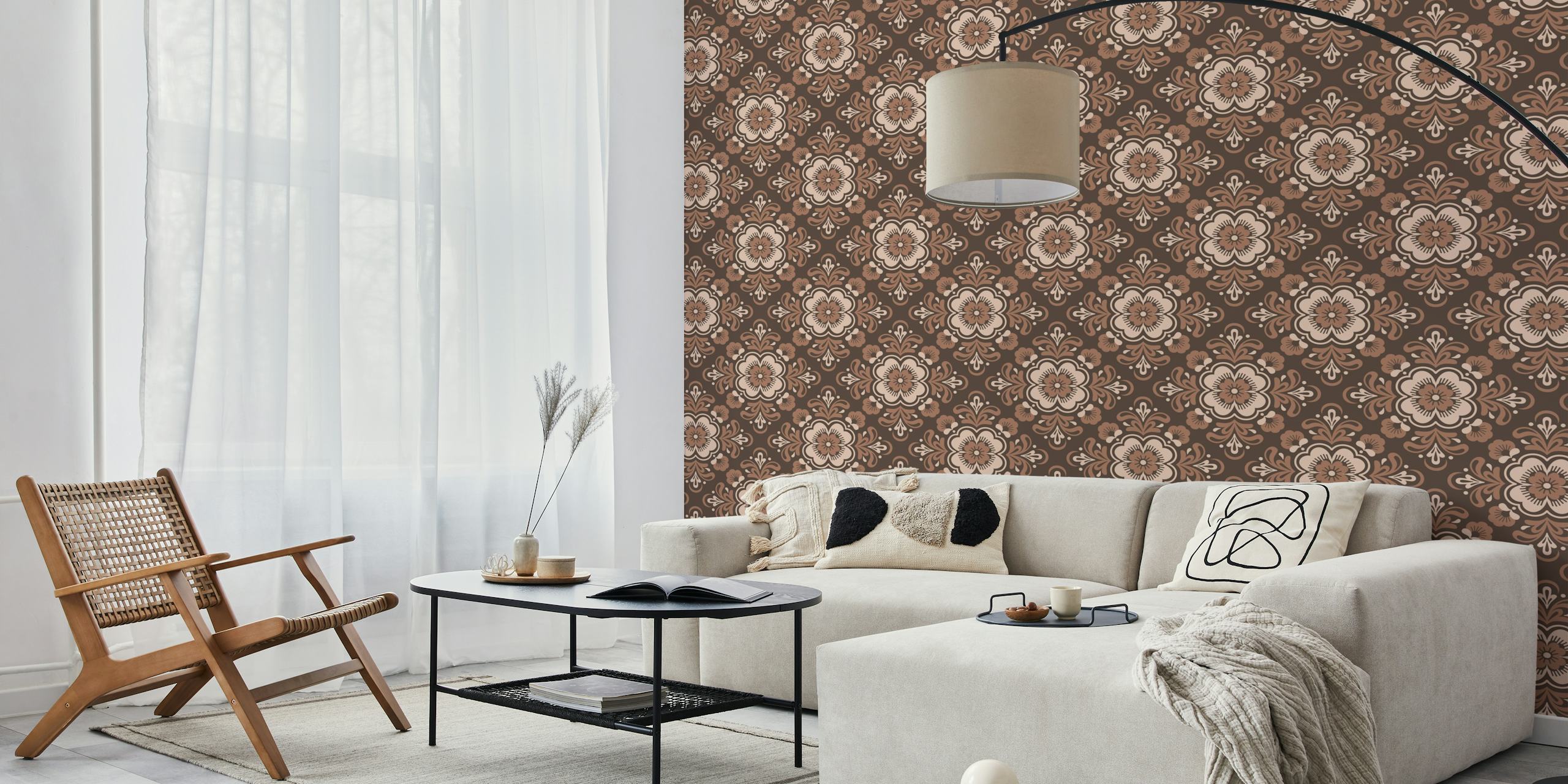 Floral mandala pattern in brown and cream colors wallpaper