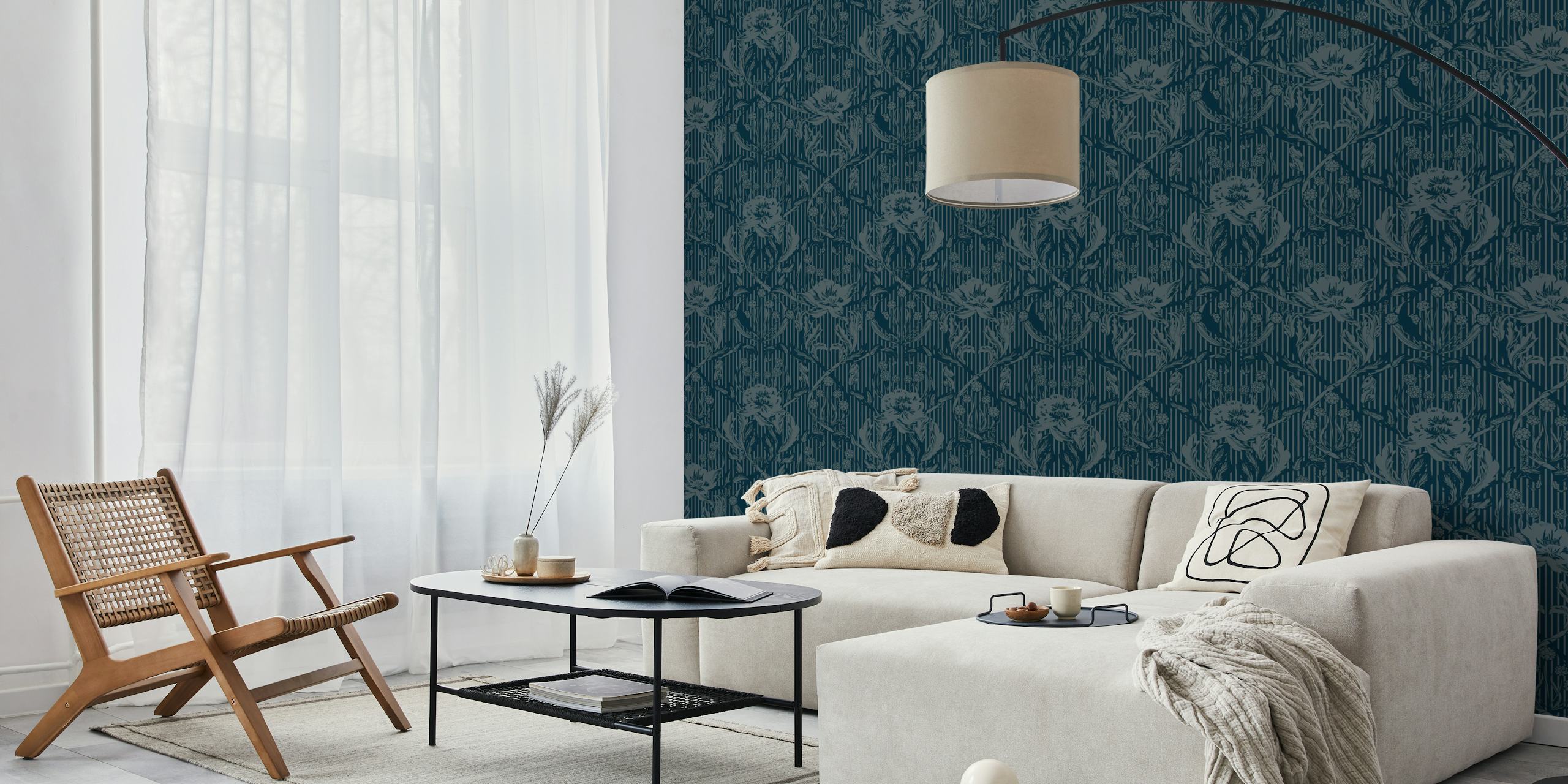 Floral motifs and stripes in blue tones wallpaper