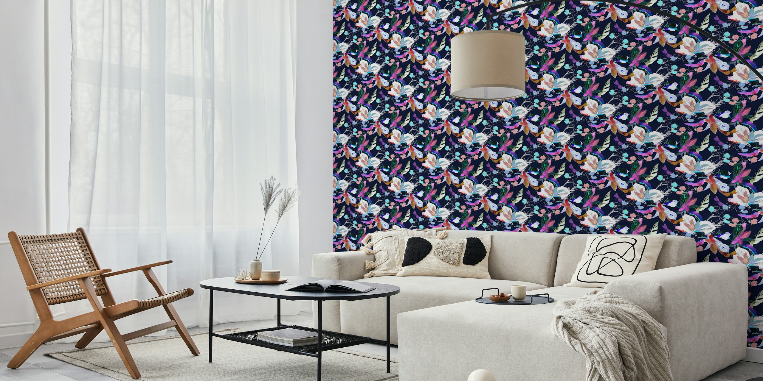 Colorful blooming flowers on navy background wallpaper
