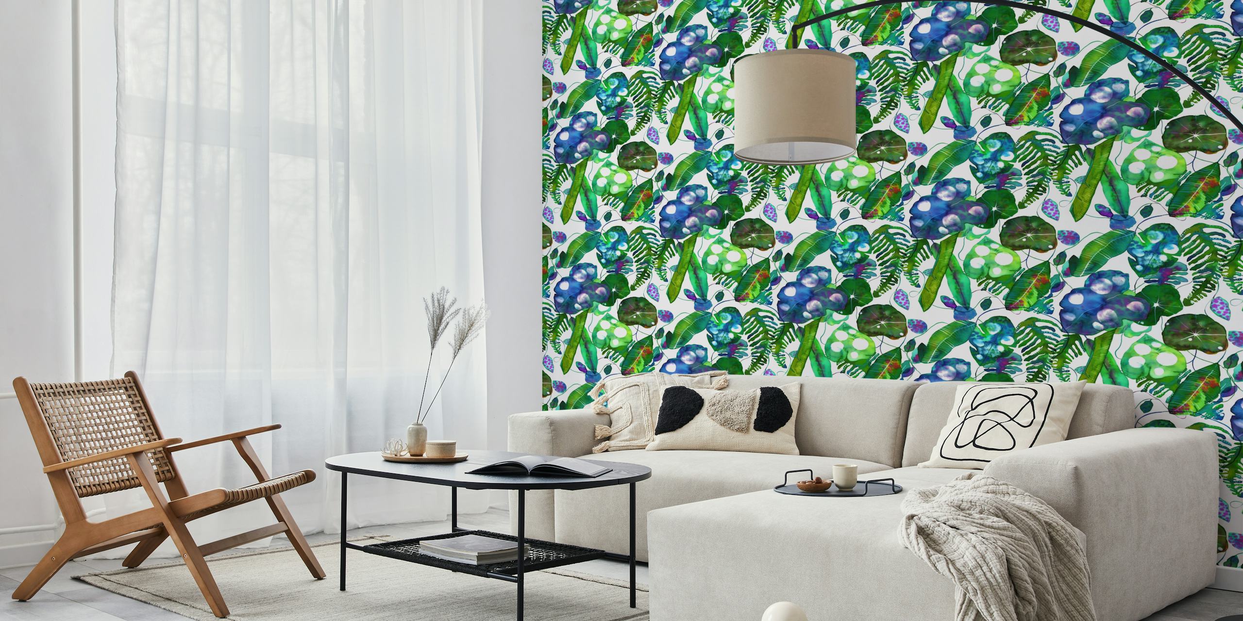 Tropical ferns and leaves in green and blue watercolor wallpaper