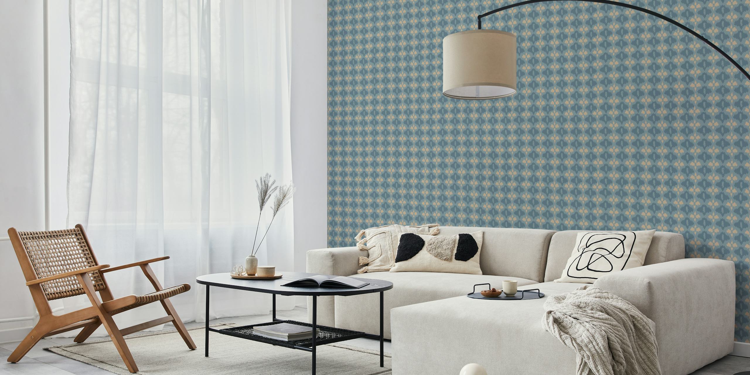 Rustic diamond pattern in blue and beige wallpaper
