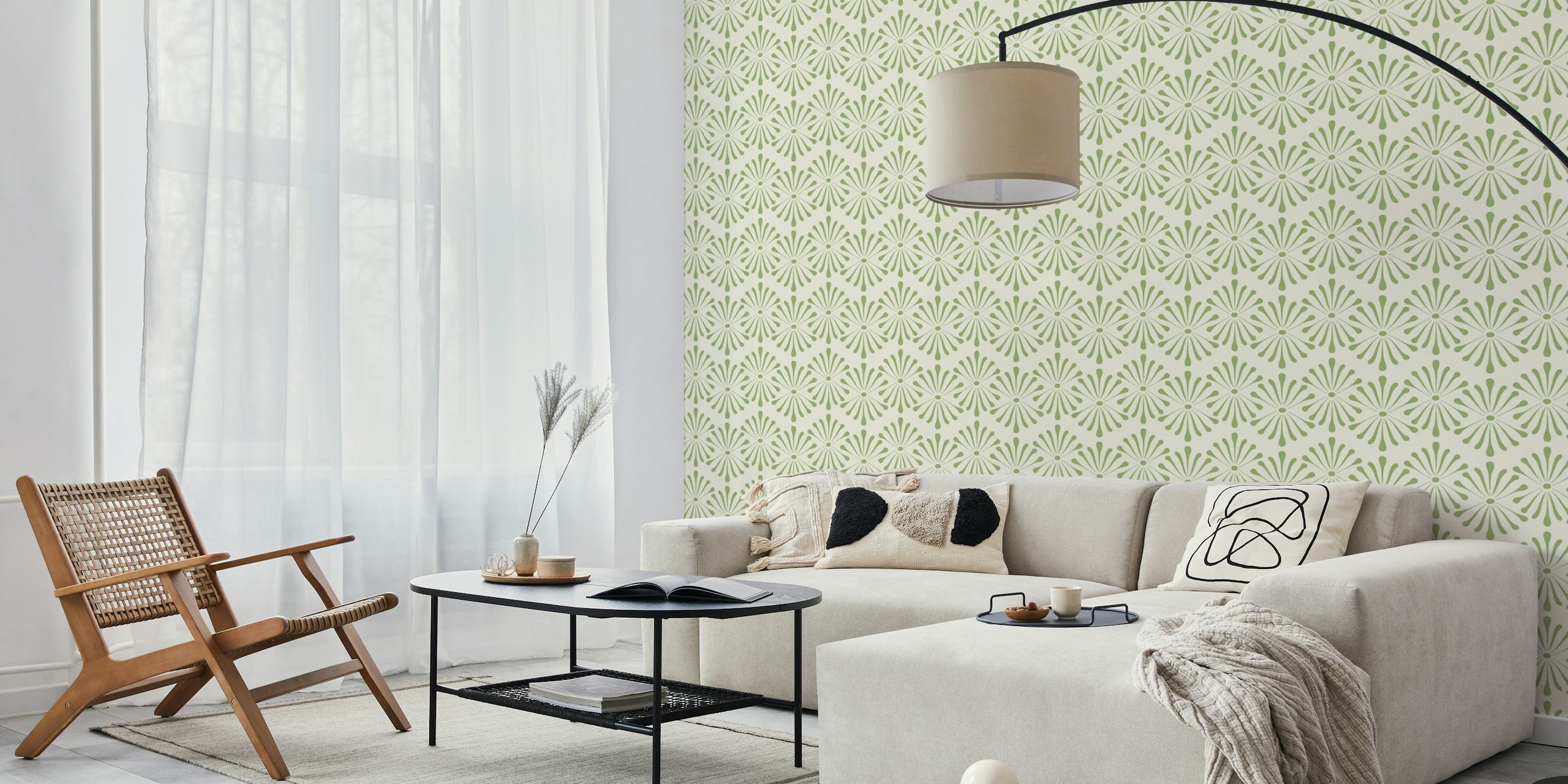 Abstract Floral Beige Green wallpaper in a room
