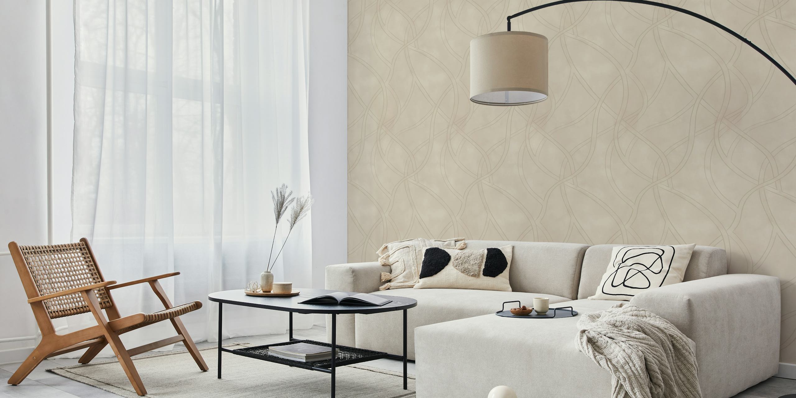 Beige geometric organic lines on a textured wallpaper