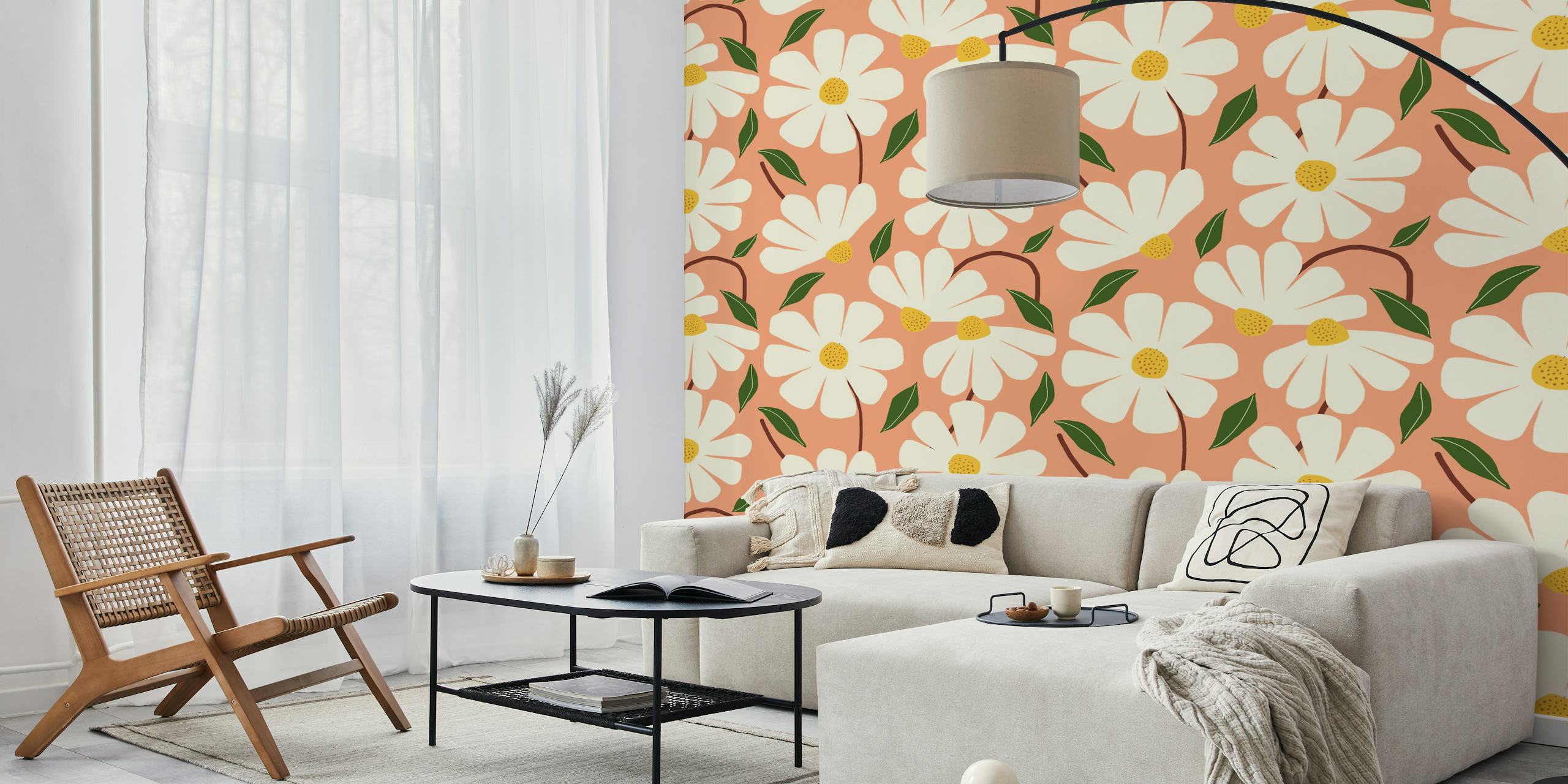 Peach background with white daisies and green leaves floral wallpaper