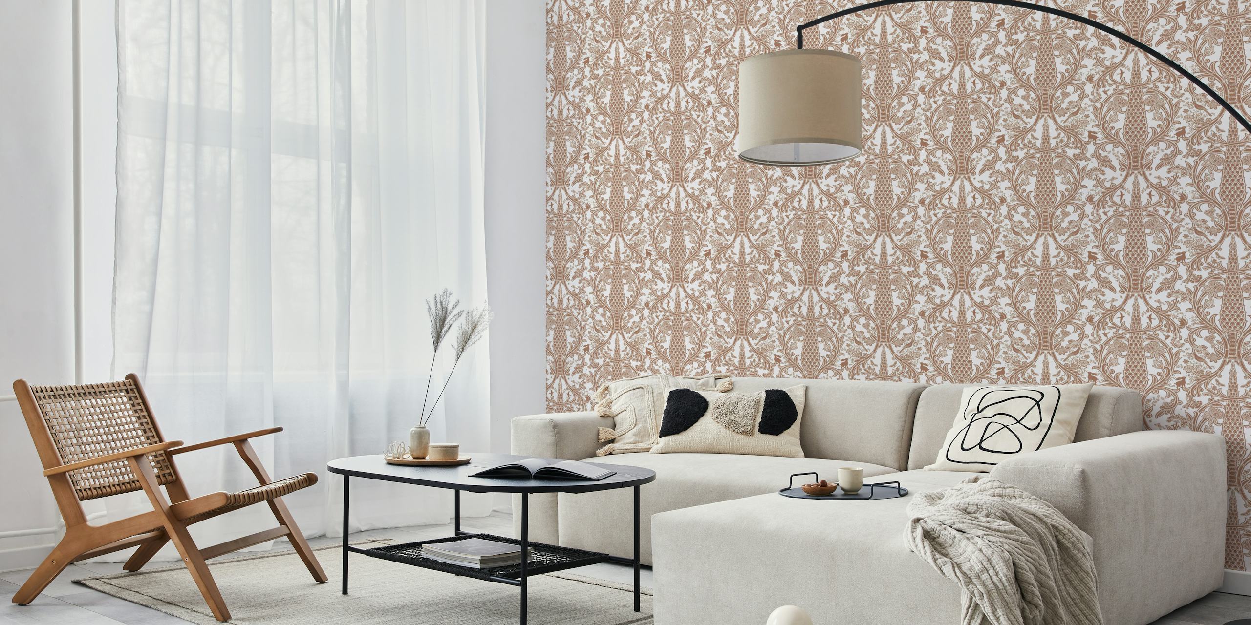 Mocha Mousse Damask wallpaper displayed in a room