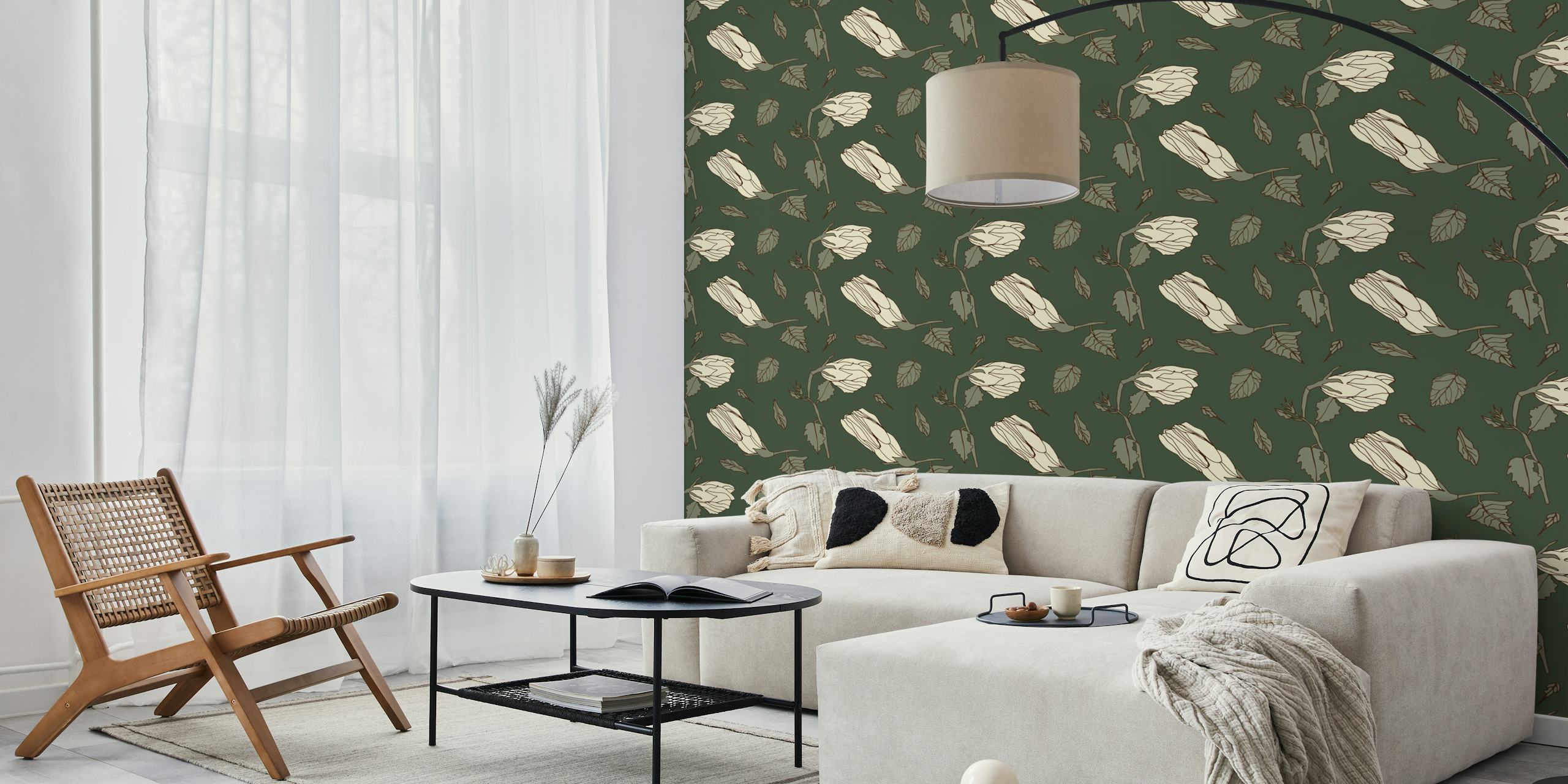 Beige floral design on deep green background wallpaper