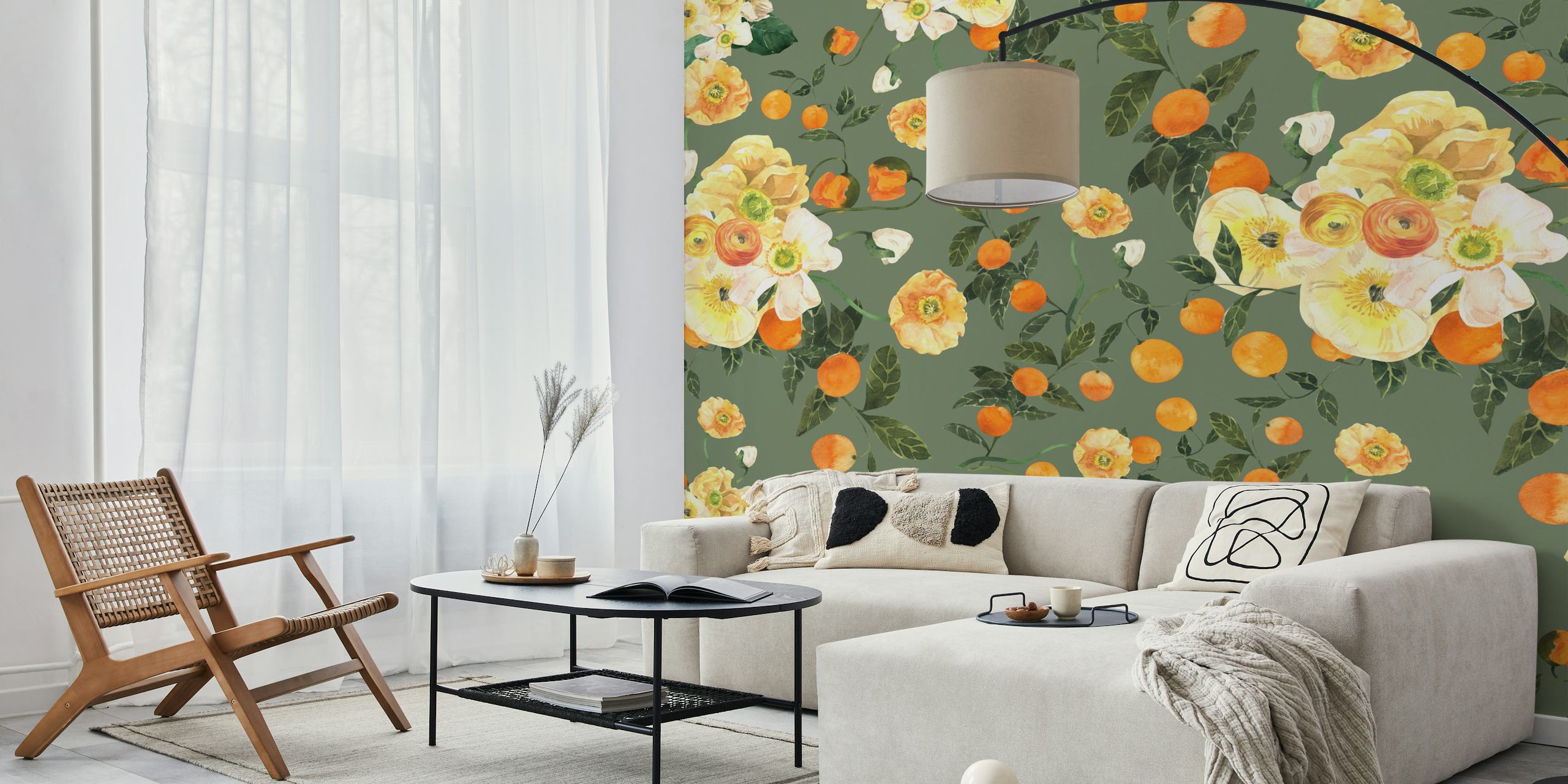 Lush Blooms and Oranges wallpaper in a room