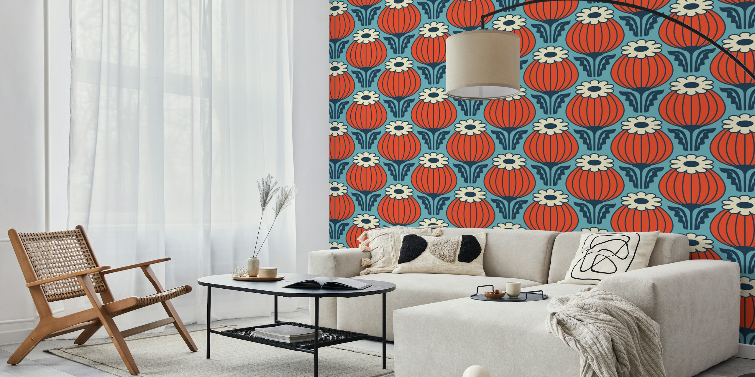 Bold vintage poppies wallpaper in a room