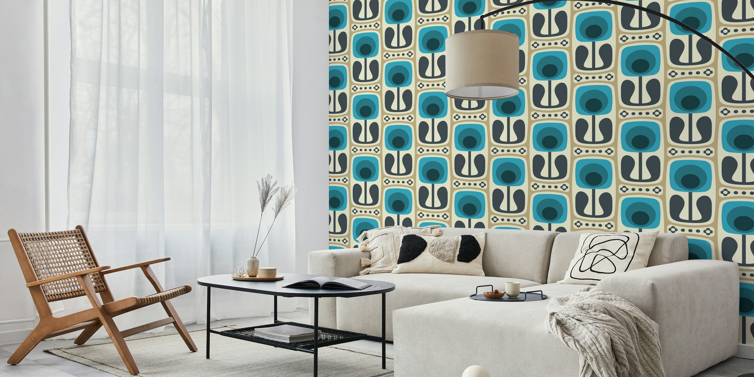 Retro floral design in blue and gray tones wallpaper